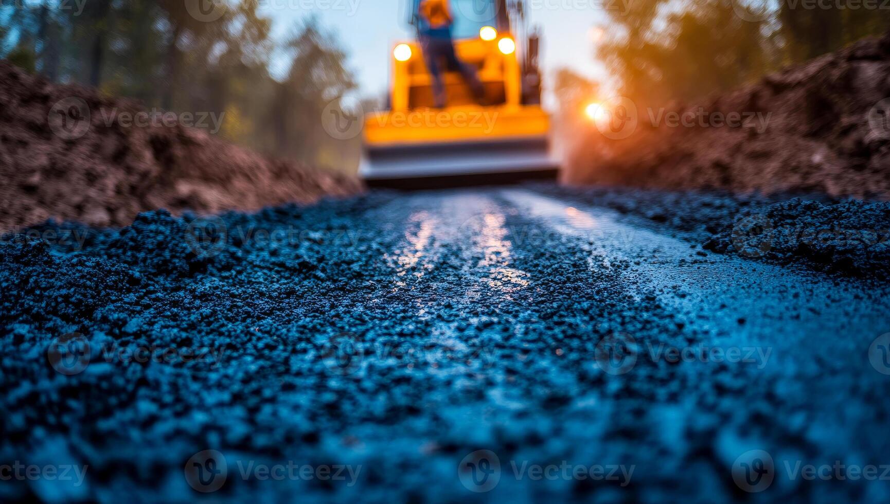 1730x980 Heavy machinery laying asphalt on road. Construction activity with heavy machinery laying fresh asphalt on a newly constructed road at dusk