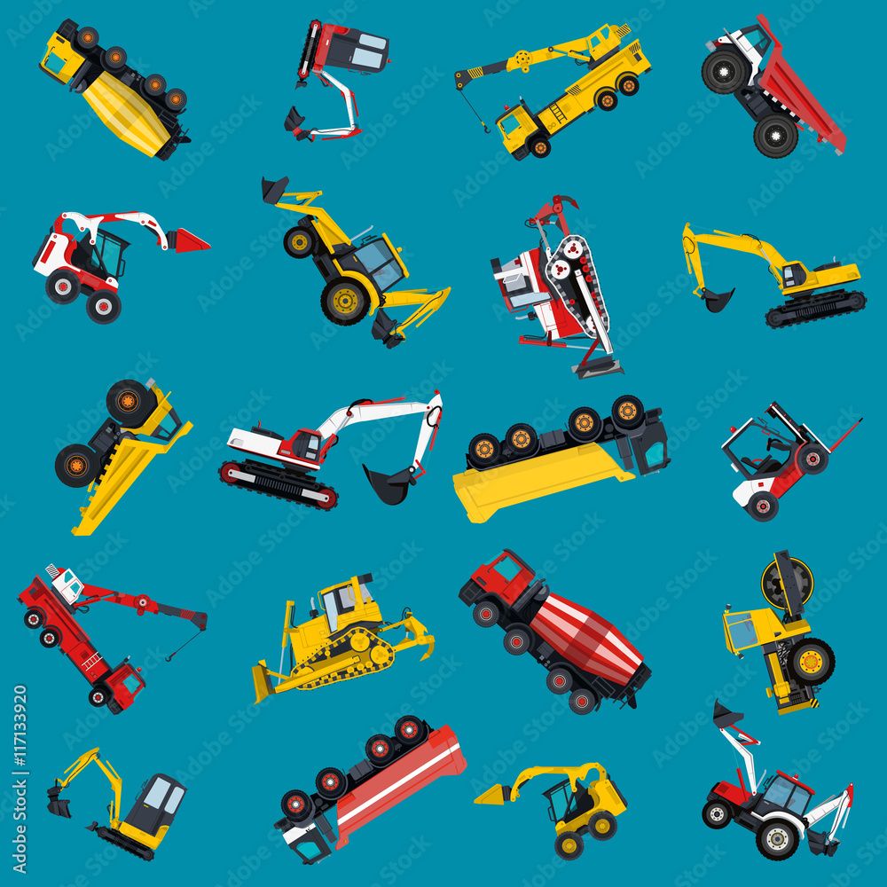 1000x1000 Wallpaper with construction machinery set on blue. Ground works background. Machine vehicles. Excavator, truck, digger, crane, bagger, mix, lorry. Heavy pavement foundation. Master vector illustration Stock Vector