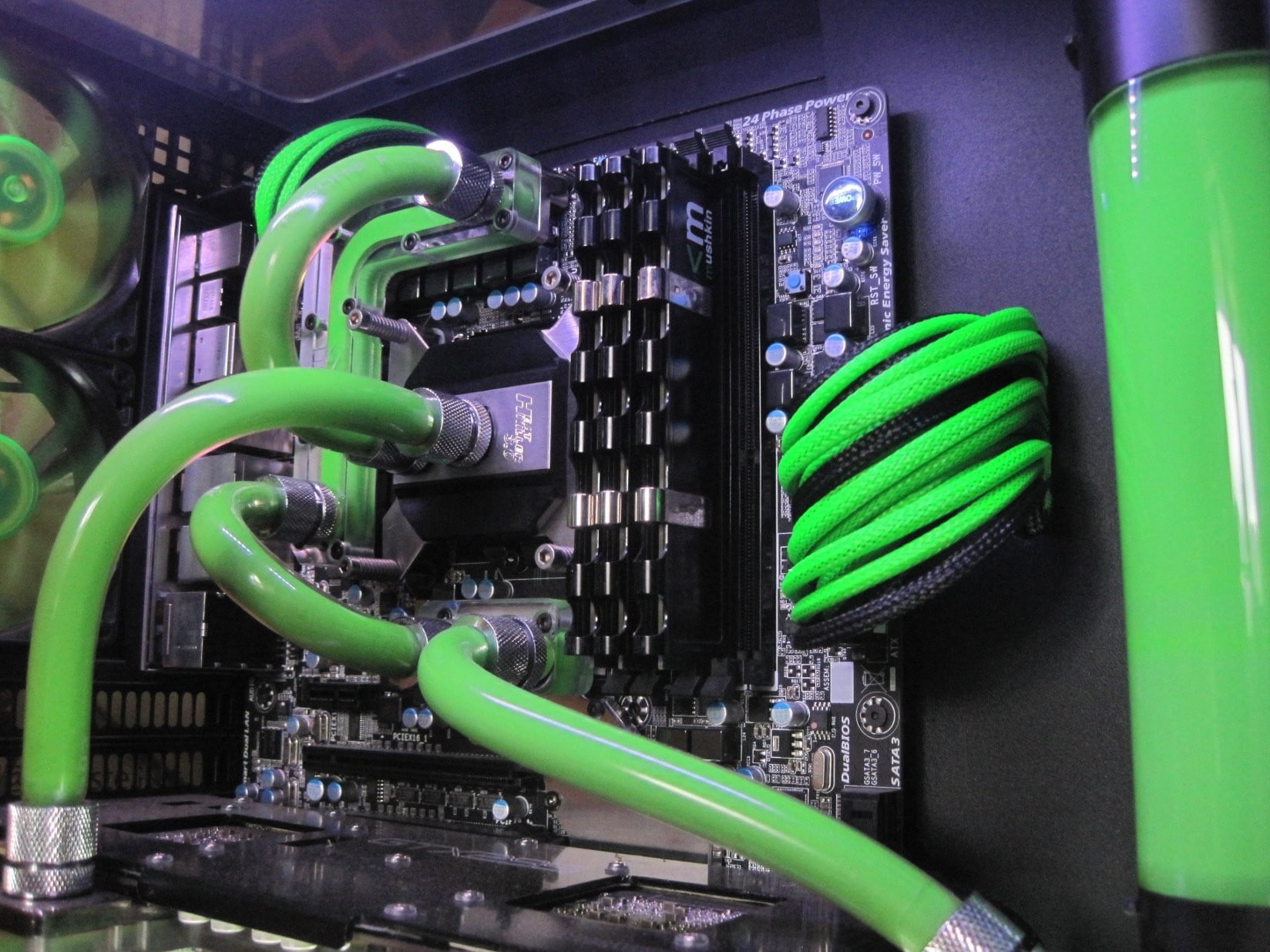 1648x1236 Black and green computer motherboard, computer, window, water cooling HD wallpaper