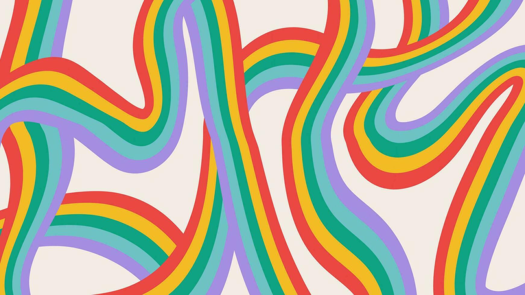 1742x980 Retro Rainbow Background In 60 70s Style. Colorful Stripes On Beige Backdrop. Vintage Wavy Lines Groovy Design. Trendy Hippie Print Illustration