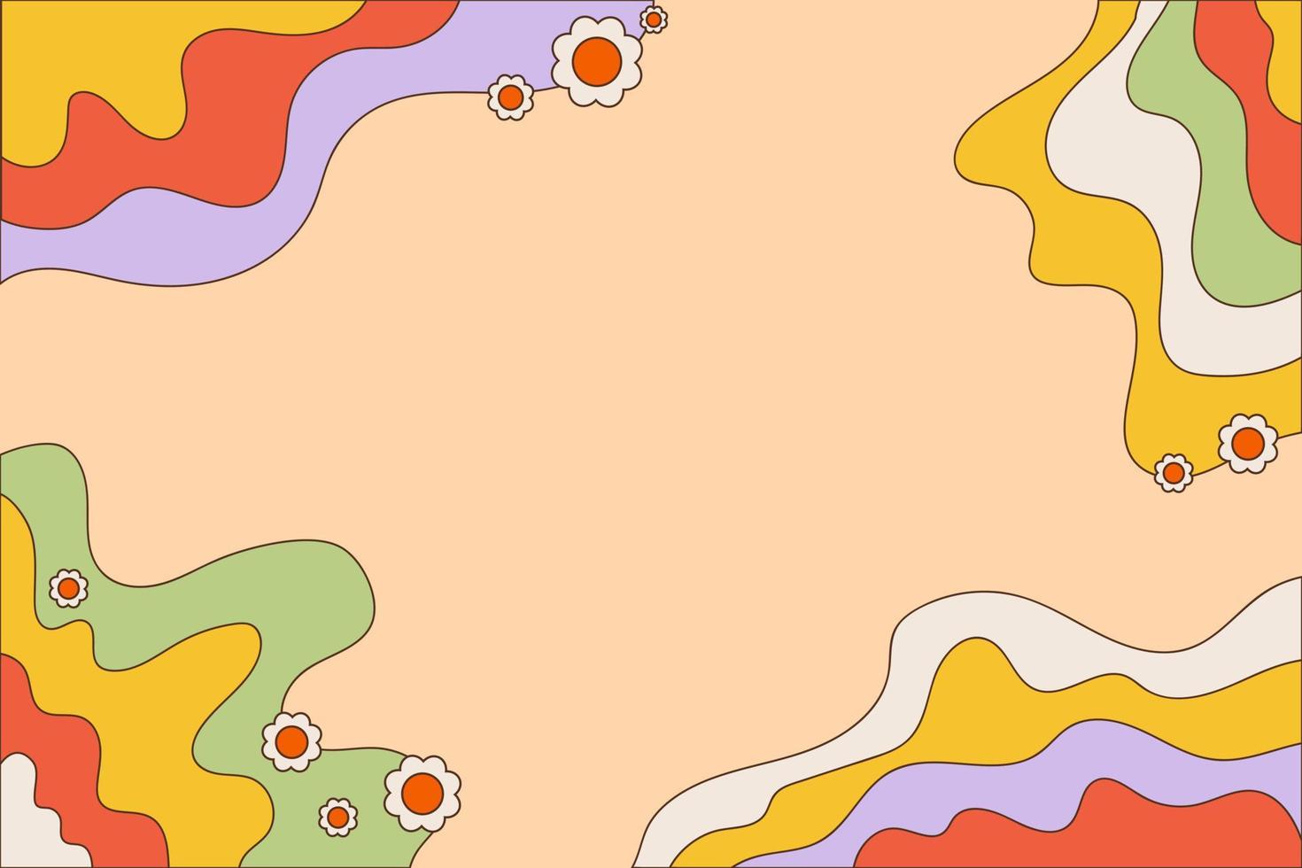 1470x980 Vector horizontal banner with copy space for text with 70s retro style. Abstract groovy trippy background. Wavy pattern in rainbow colors. Daisies. Hippie Aesthetic. Y2k style. Vector Illustration 22461169 Vector Art
