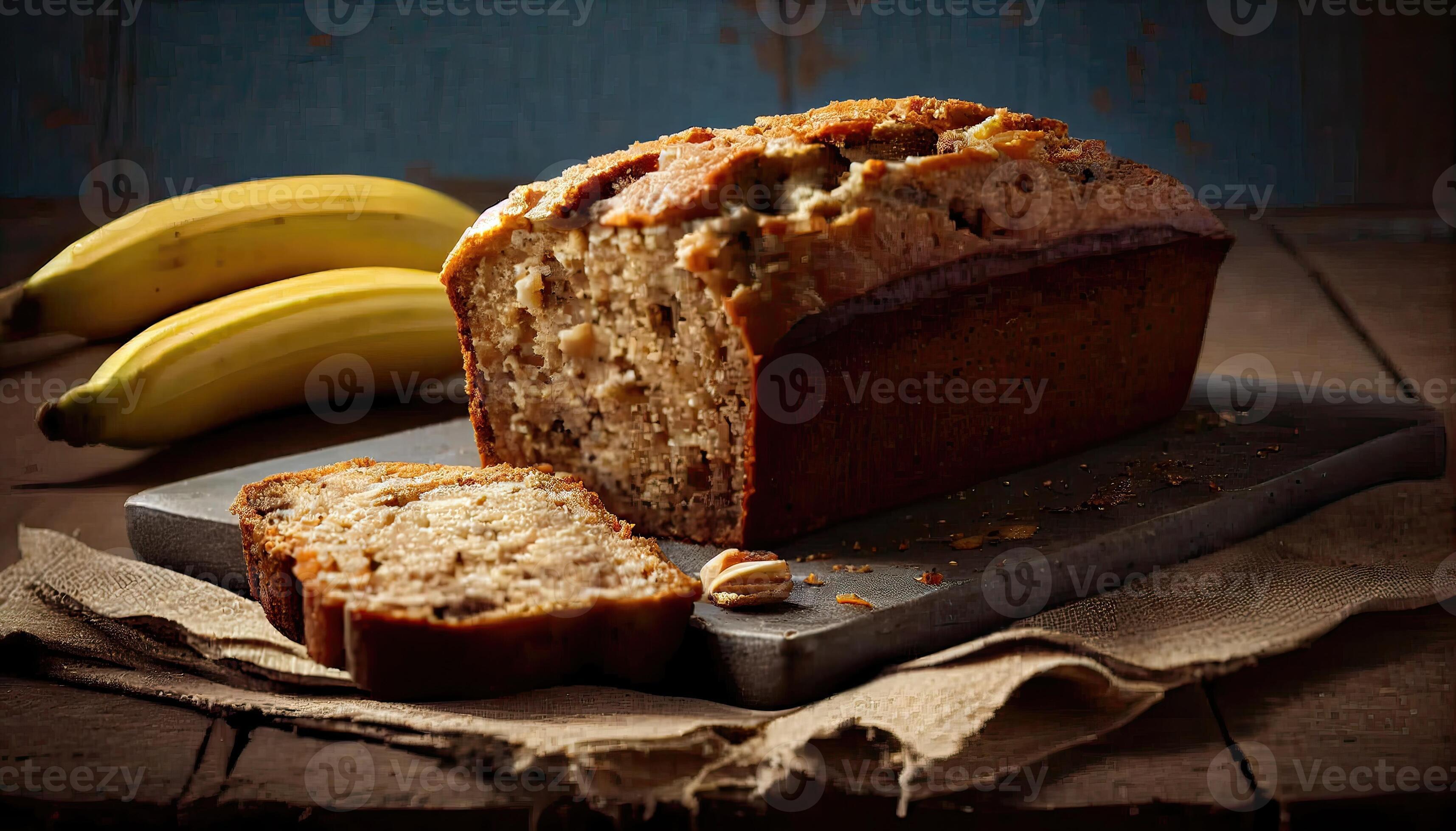 3430x1960 Homemade banana bread on wooden background. Banana Bread Nut Loaf. banana bread loaf that is sliced into with one slice in front