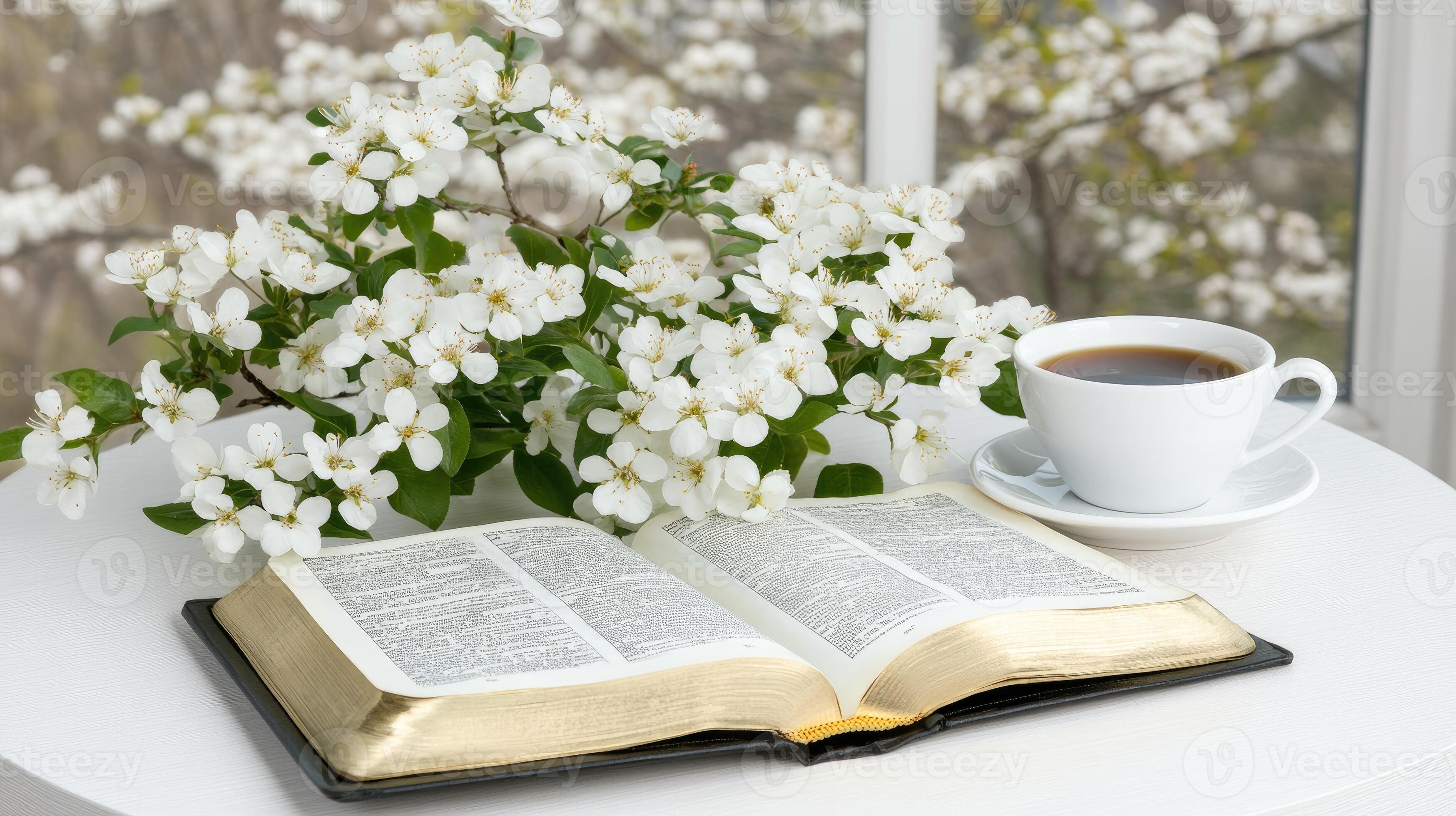 3497x1960 An open bible and a cup of coffee on a table near a window