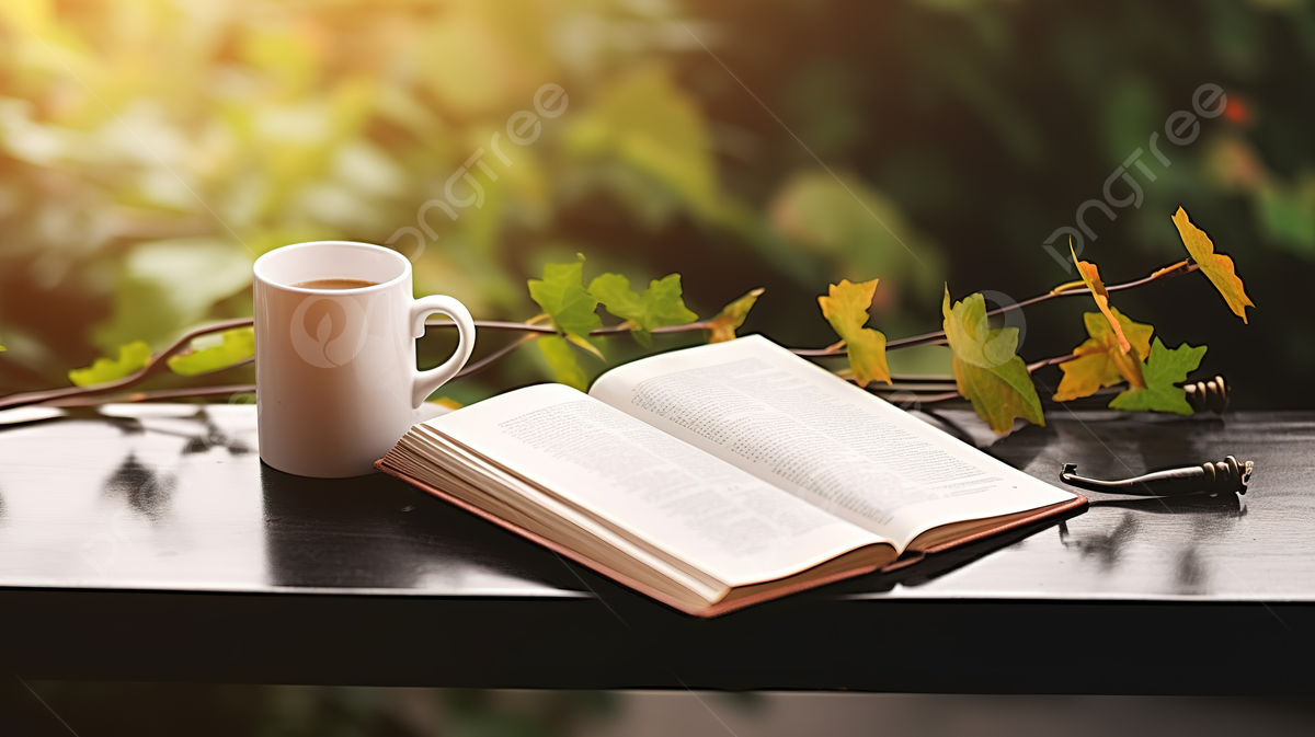 1200x673 Coffee And Bible Book On Table With Foliage Background And Leaves In Foreground Photo And Picture For Free Download