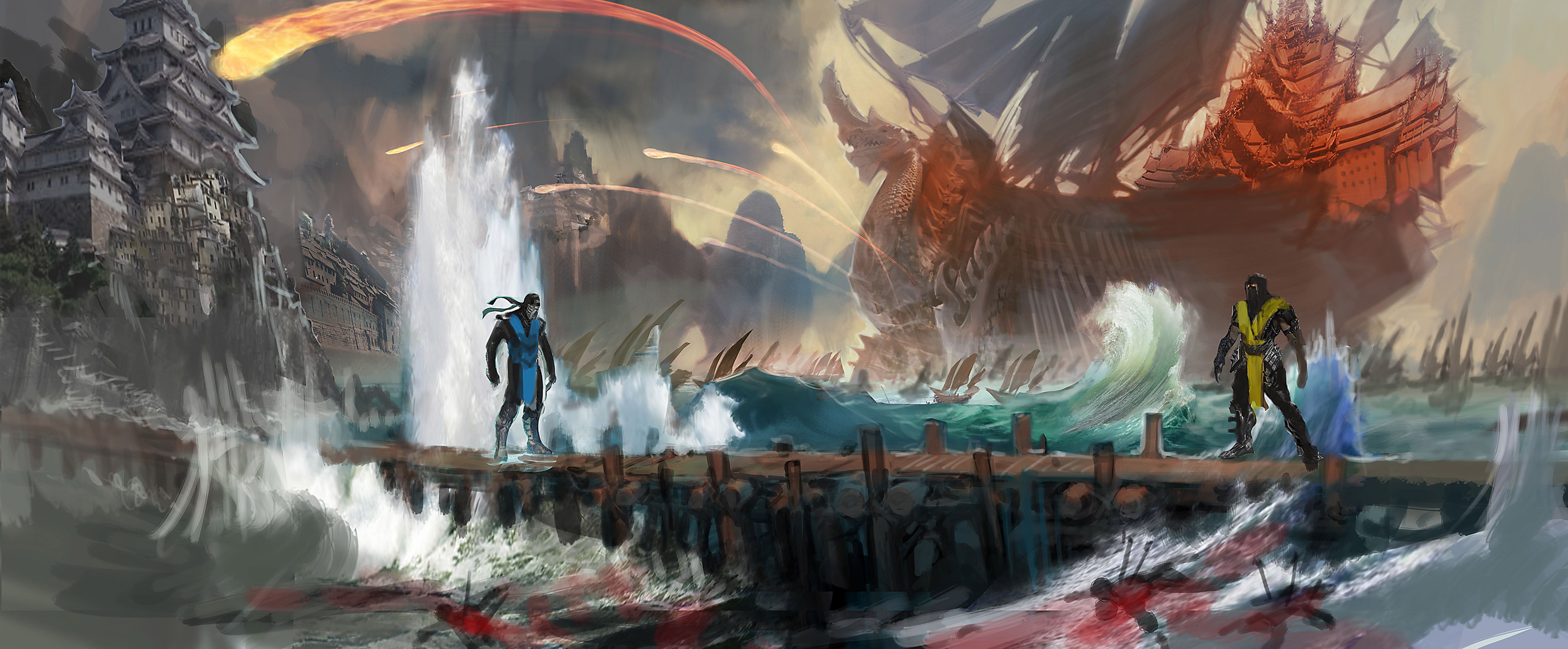 5000x2070 Sub Zero Vs. Scorpion: Epic HD Wallpaper From Mortal Kombat X