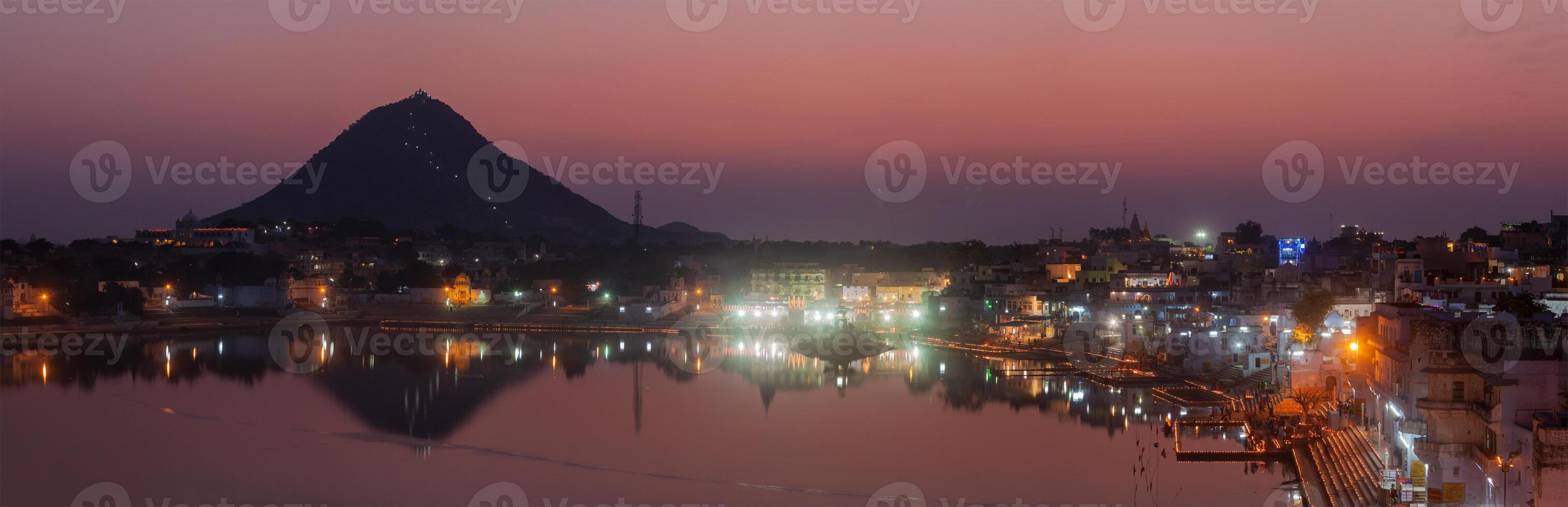 3028x980 View of indian pilgrimage sacred city Pushkar with Pushkar ghats. Rajasthan, India. Horizontal pan