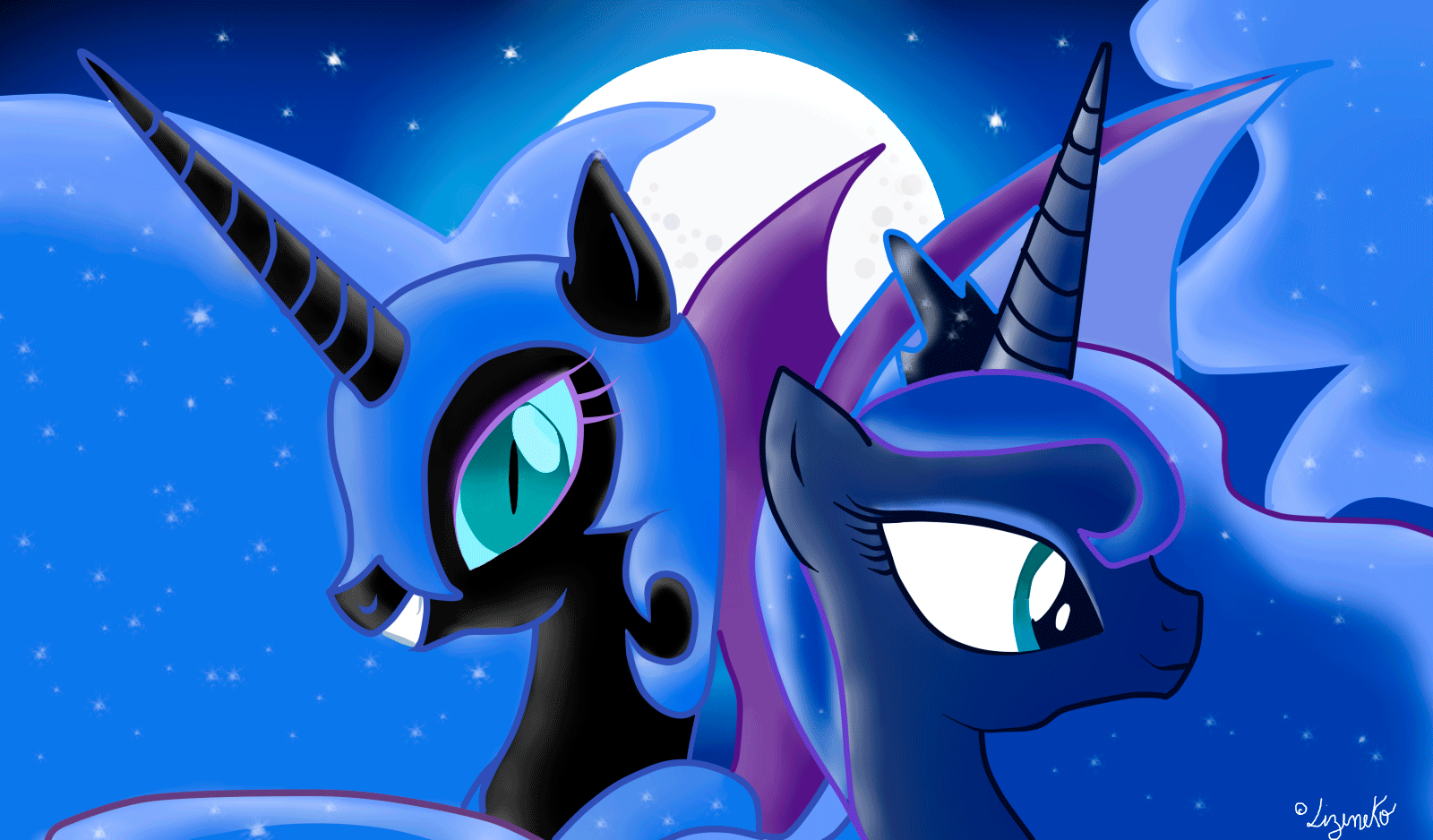 1600x938 safe, artist:lizineko, nightmare moon, princess luna, g animated, duality, female