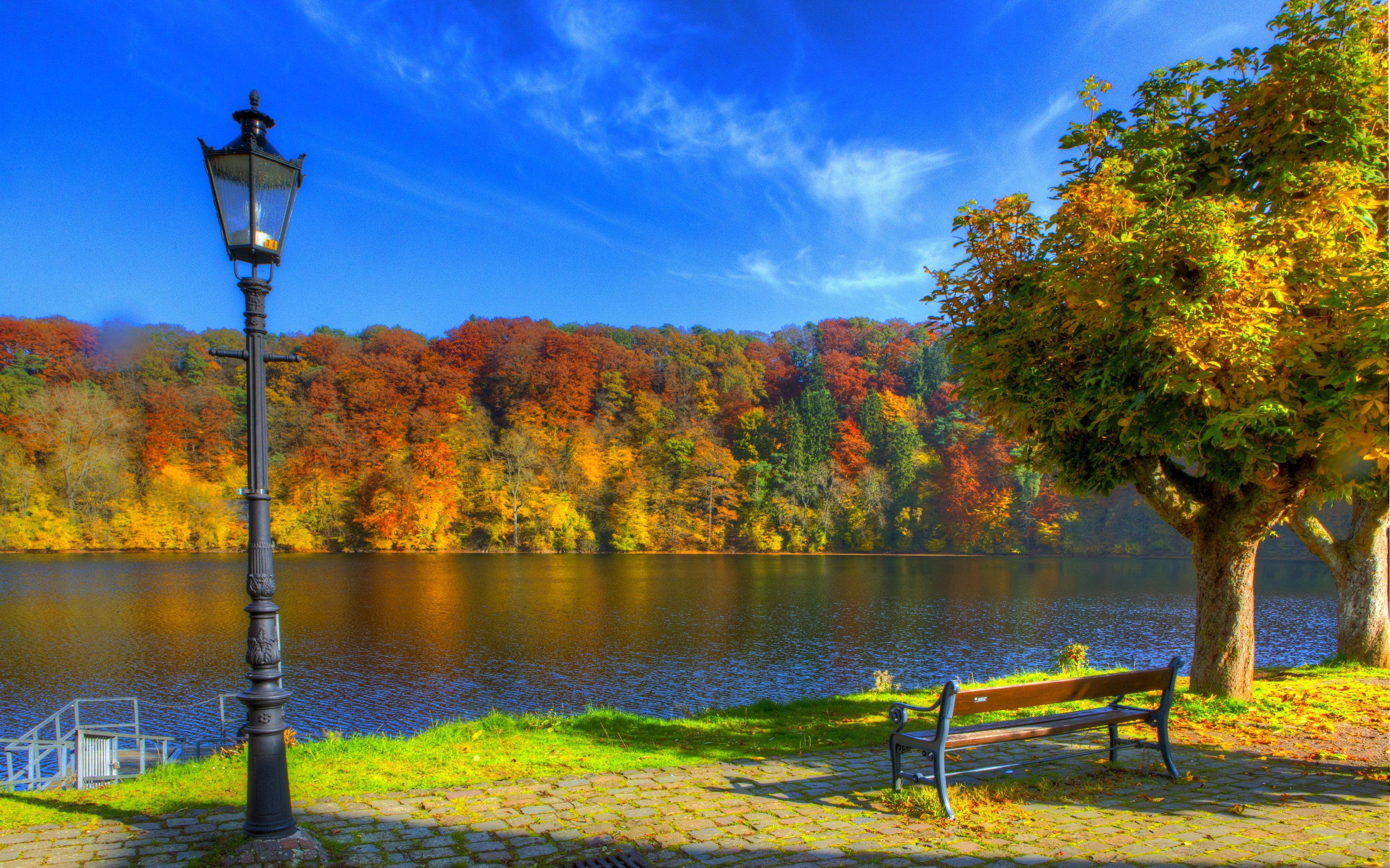 2880x1800 bench, Sky, Autumn, Lights, River, Ulm, Germany Wallpaper HD / Desktop and Mobile Background