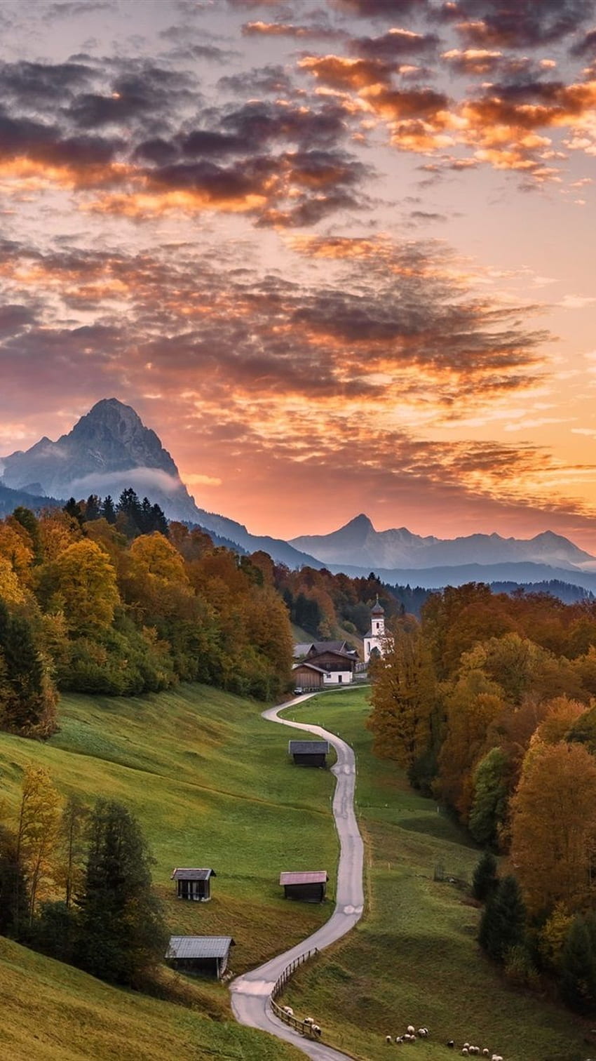 850x1512 Germany, Bayern, Road, Trees, Mountains, Houses, Autumn IPhone 8 7 6 6S, Background HD phone wallpaper