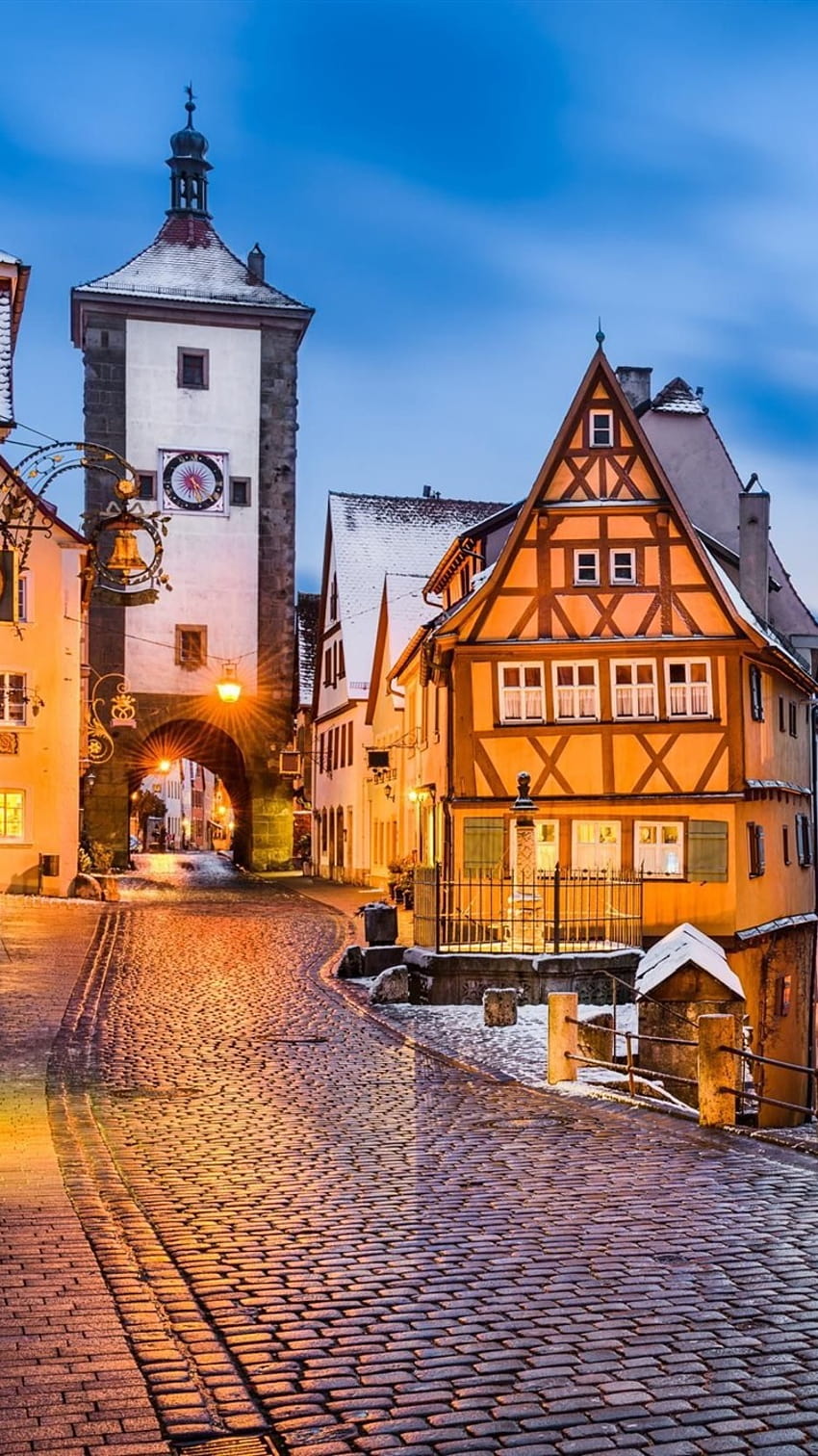 850x1512 Germany, Rothenburg, Medieval Town, Evening, Lights, Snow, Winter 750x1334 IPhone 8 7 6 6S, Background HD Phone Wallpaper