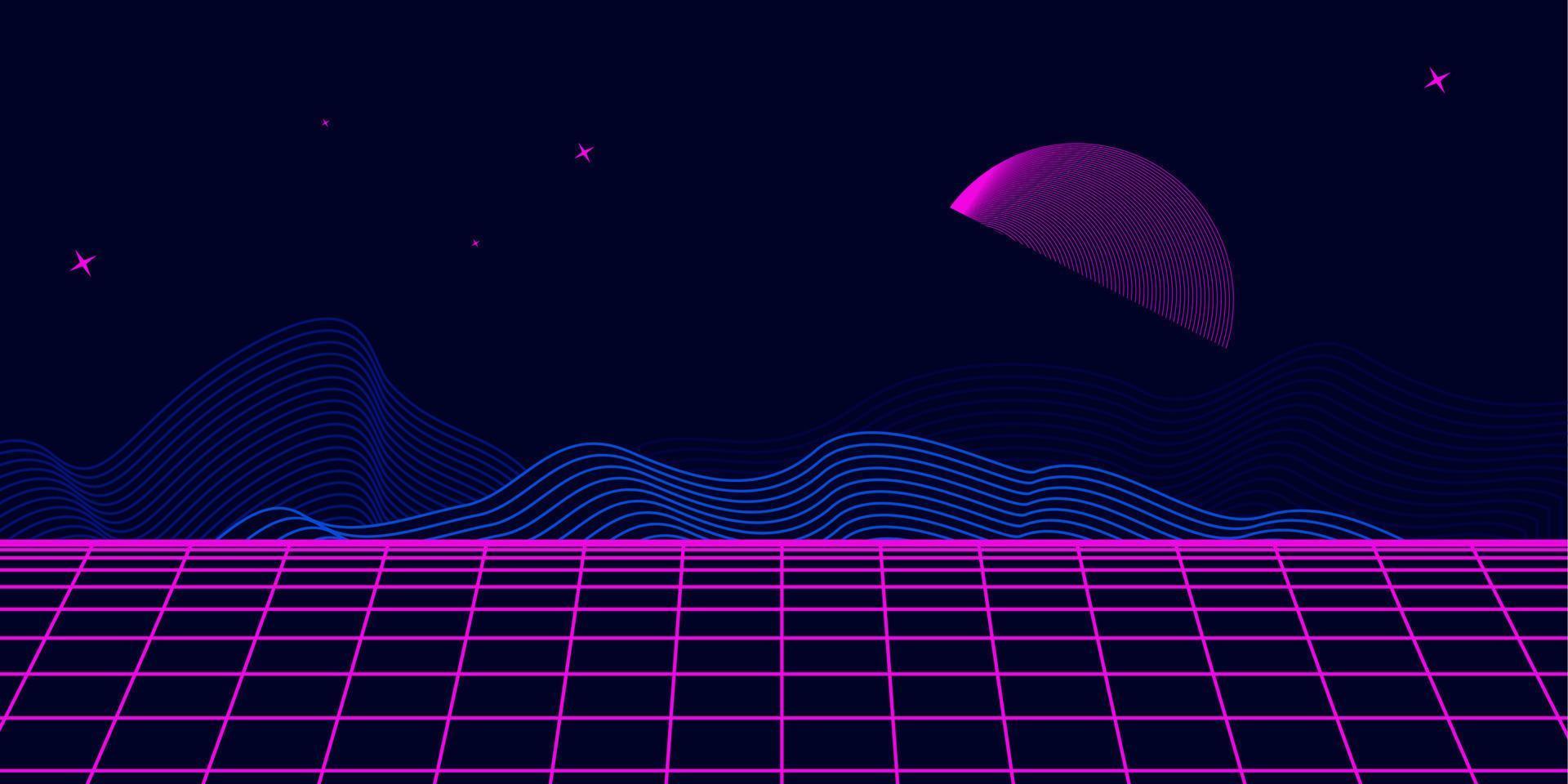 1920x960 Retro Background Futuristic Landscape 1980s Style. Digital Retro Landscape Cyber Surface. 80s Party Background. Retro 80s Fashion Sci Fi Background. Digital Cyber Surface