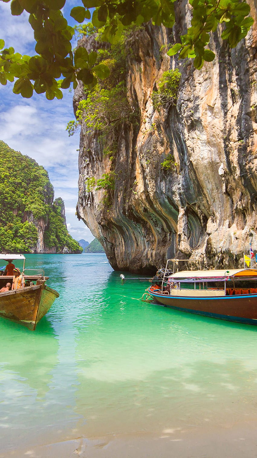 850x1511 Thailand Krabi Cliff Nature Tropics Bay Boats HD phone wallpaper