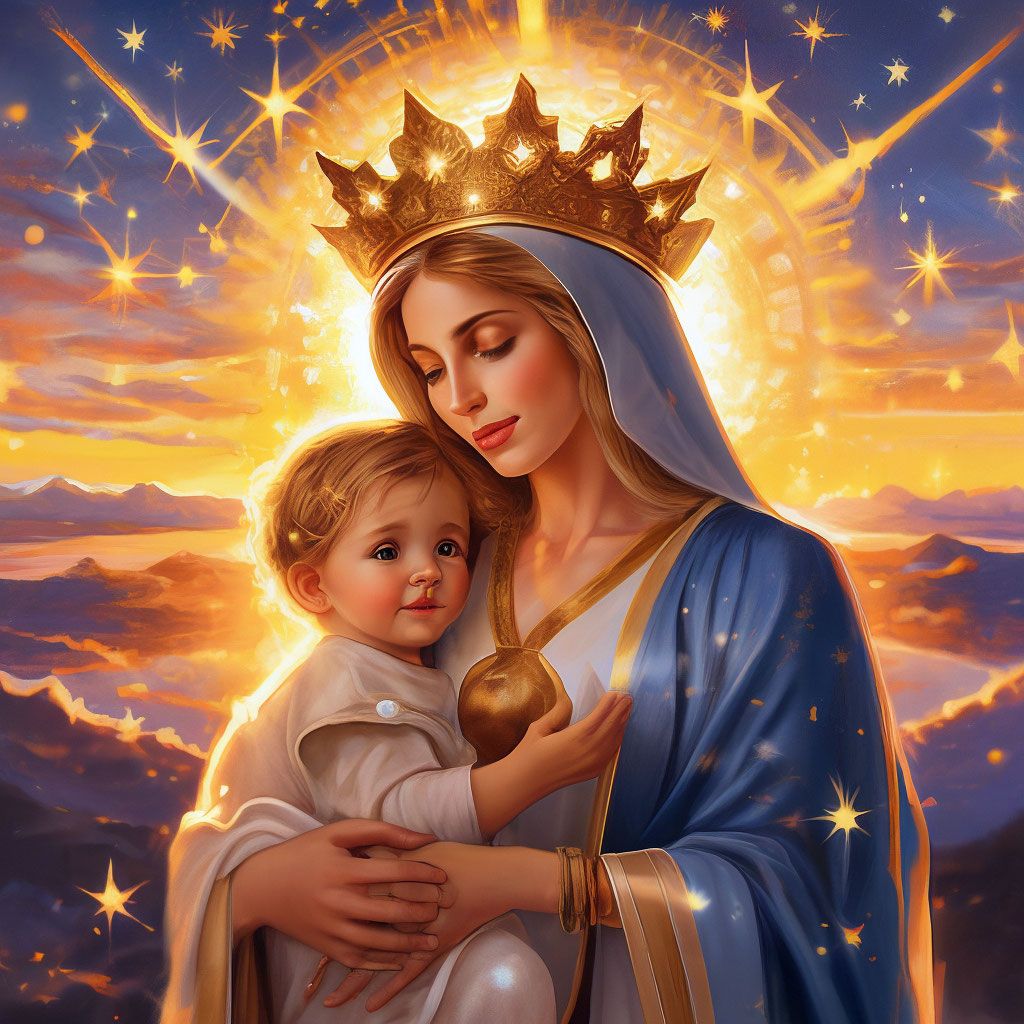 1024x1024 Madonna and child divine calm joyful face against the background of sunset
