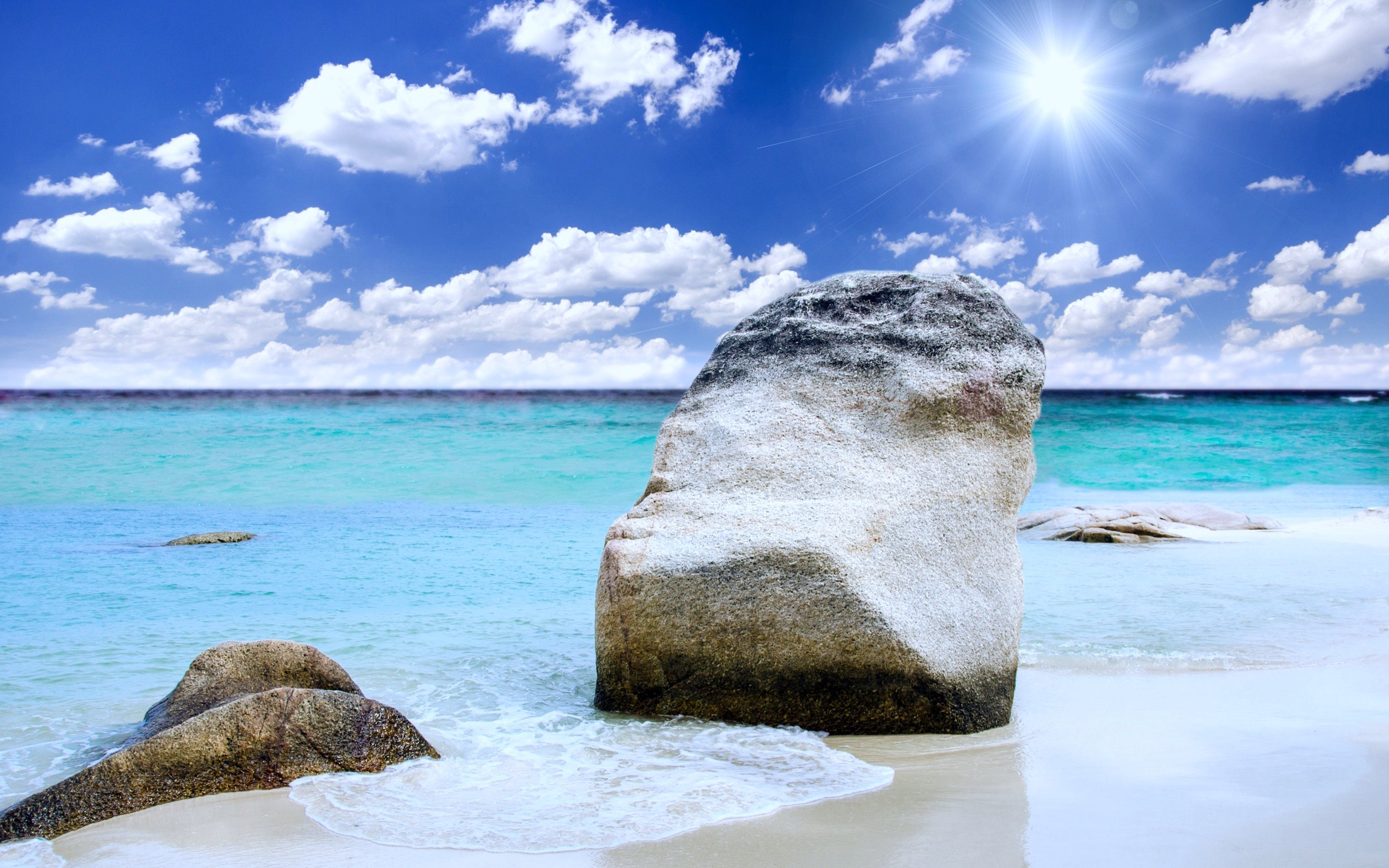 3840x2400 rock, Sand, Landscape, Summer, Nature, Ocean, Sunny, Sea, Beach Wallpaper HD / Desktop and Mobile Background