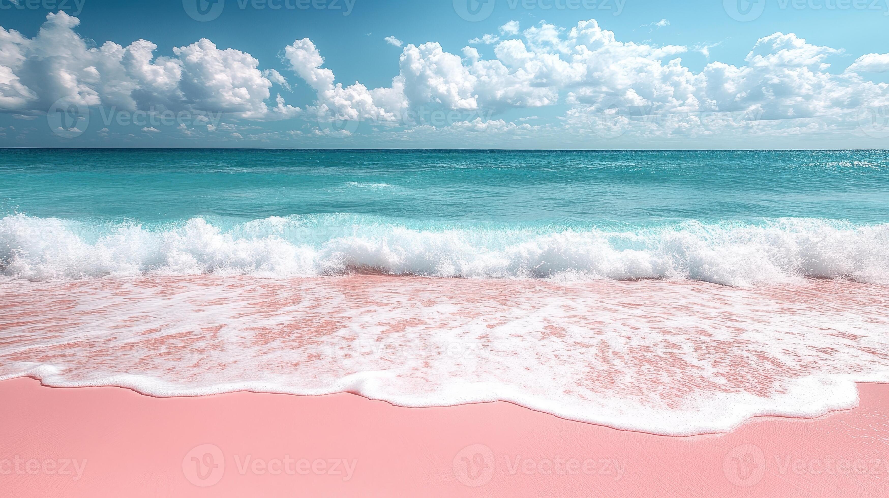 3497x1960 Pink sand beach, turquoise waves, sunny sky, idyllic vacation scene