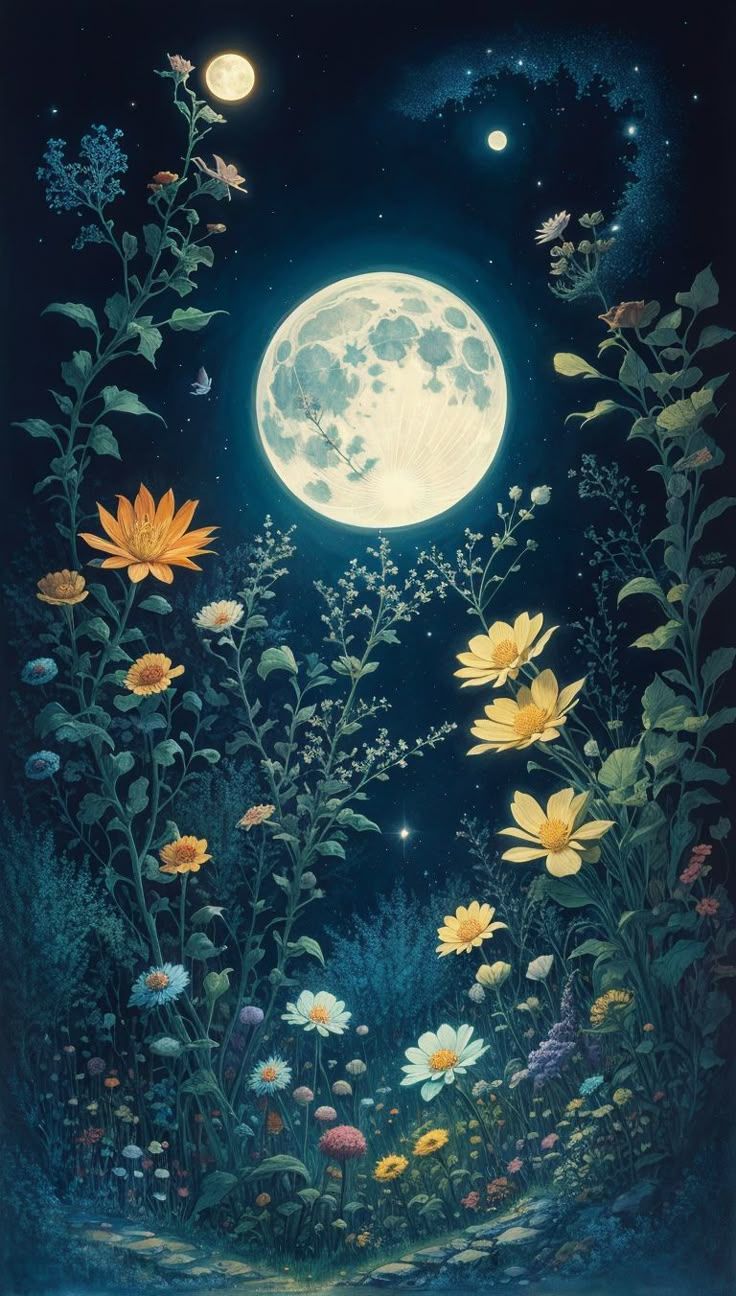 736x1296 IPHONE WALLPAPER MOON AND FLOWERS