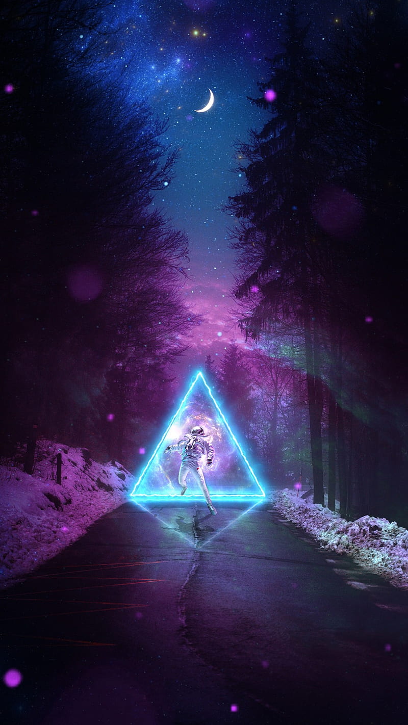 800x1422 Fantasy, moon, neon, night, pink, purple, road, stars, trees, triangle, HD phone wallpaper