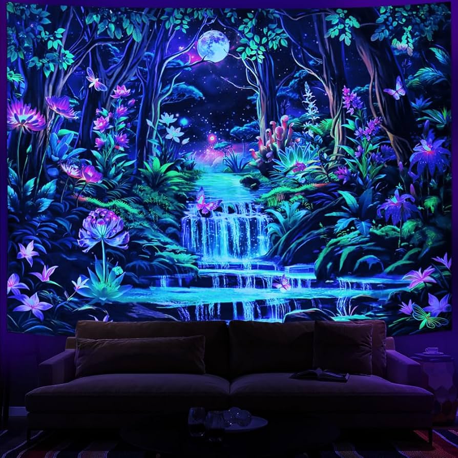 894x894 Leofanger Blacklight Fantasy Forest Tapestry Aesthetic Moon Tapestry UV Reactive Neon Galaxy Space Wall Tapestries Trippy Plant Floral Tapestries Wall Hanging for Home Decor(70.8x92.5) : Home & Kitchen