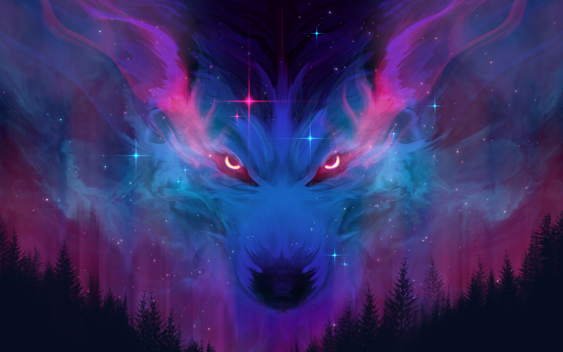 1920x1200 Neon wolf in the clouds above the forest Desktop wallpaper 1920x1200