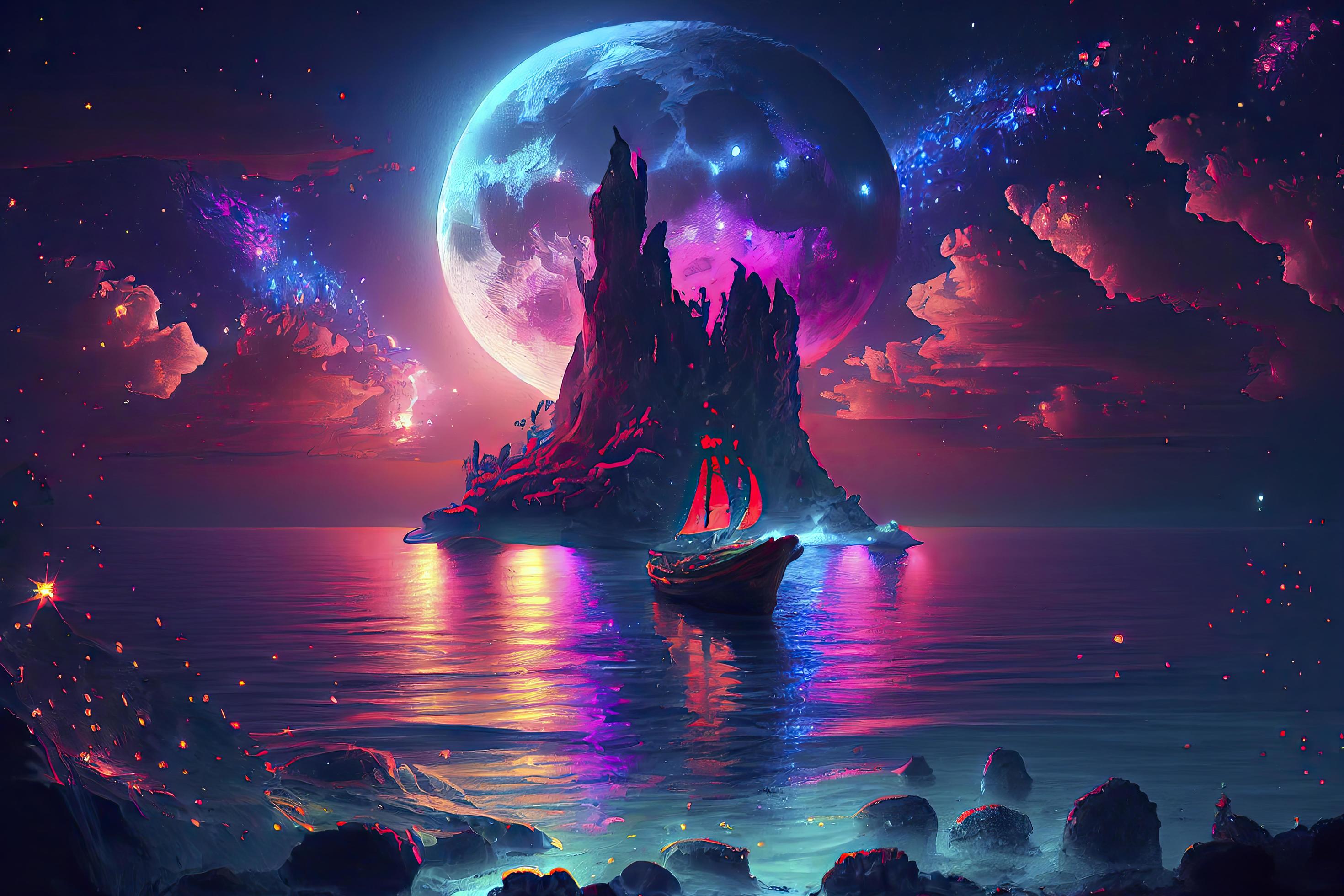 2940x1960 Fantasy seascape, neon colors, magic lights on the water