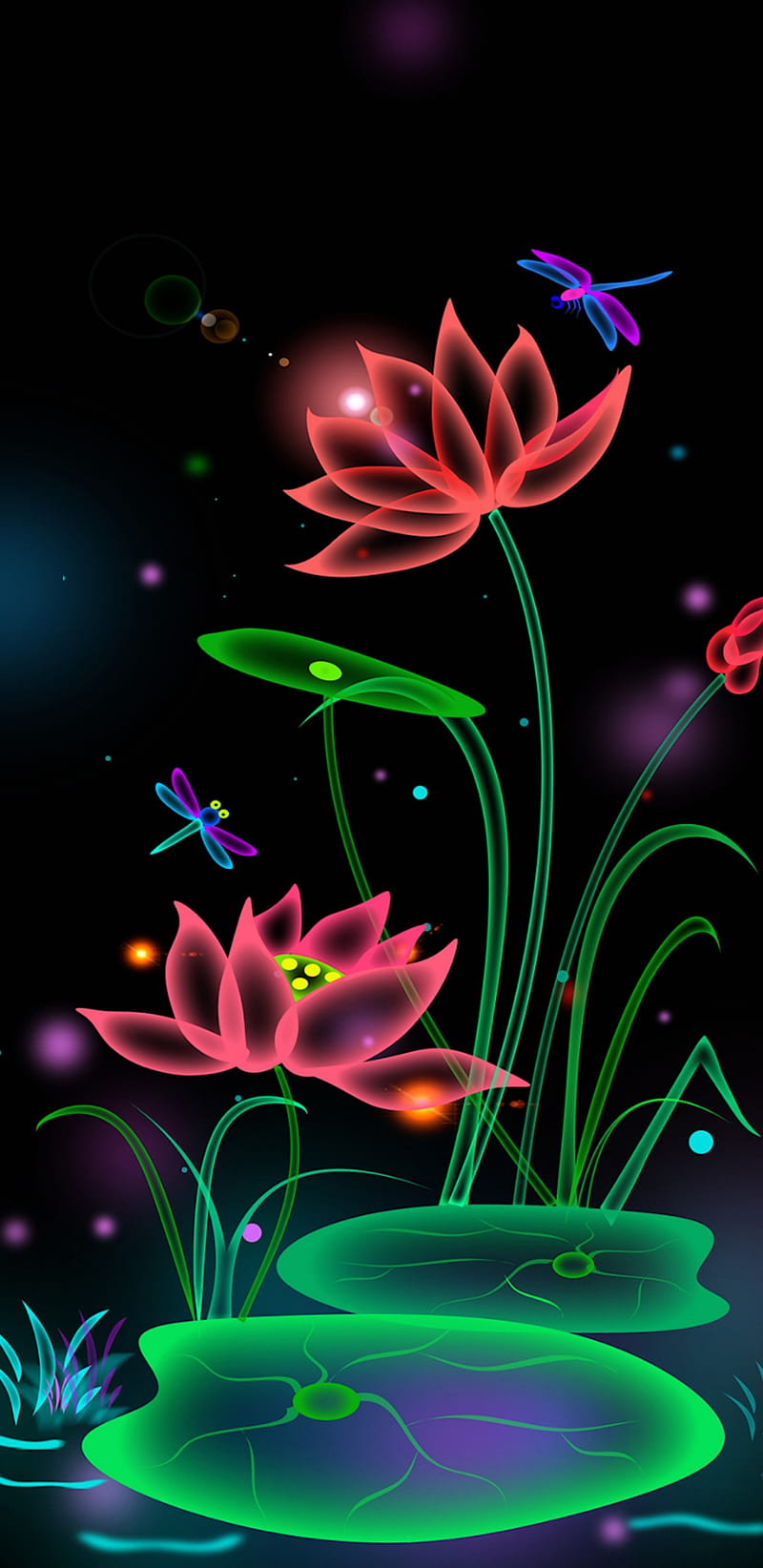 800x1644 FantasyGlow, bonito, dragonfly, fantasy, flower, flowers, glow, neon, pretty, HD phone wallpaper
