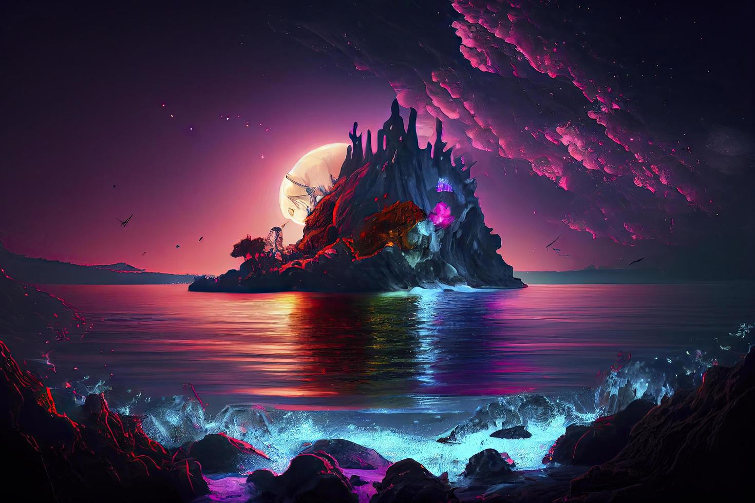1470x980 Fantasy seascape, neon colors, magic lights on the water