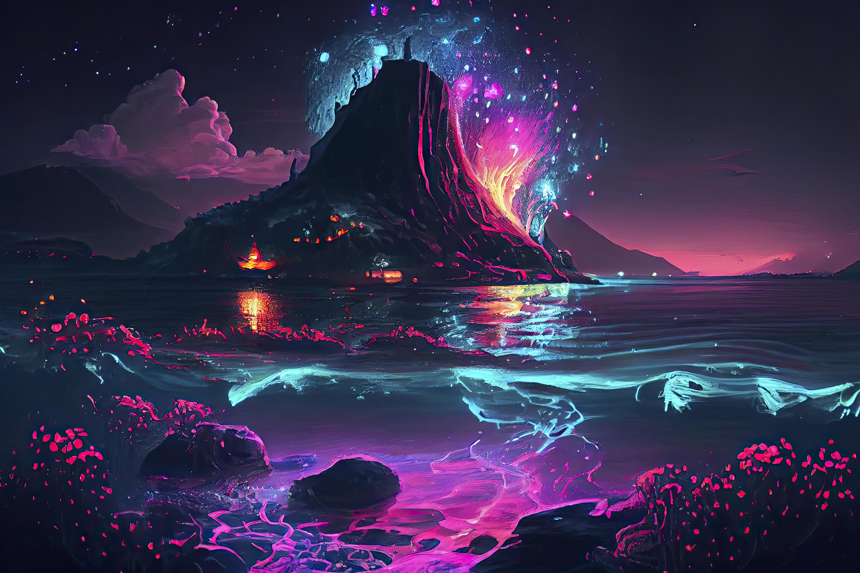 2940x1960 Fantasy seascape, neon colors, magic lights on the water