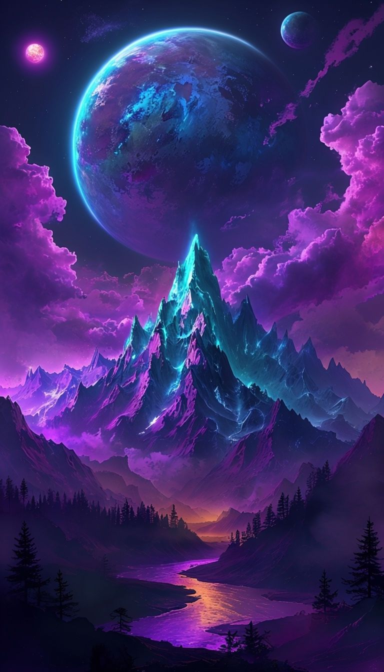 768x1344 Vibrant Neon Otherworldly Landscape Art for Mobile Wallpaper
