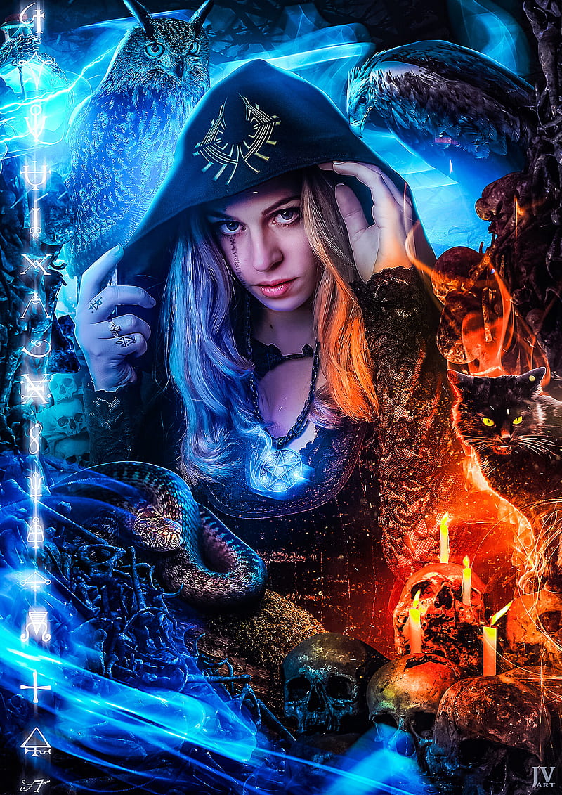 800x1131 Dark Magic, blonde, candle, cats, fantasy, girl, hood, neon, hop, skull, HD phone wallpaper