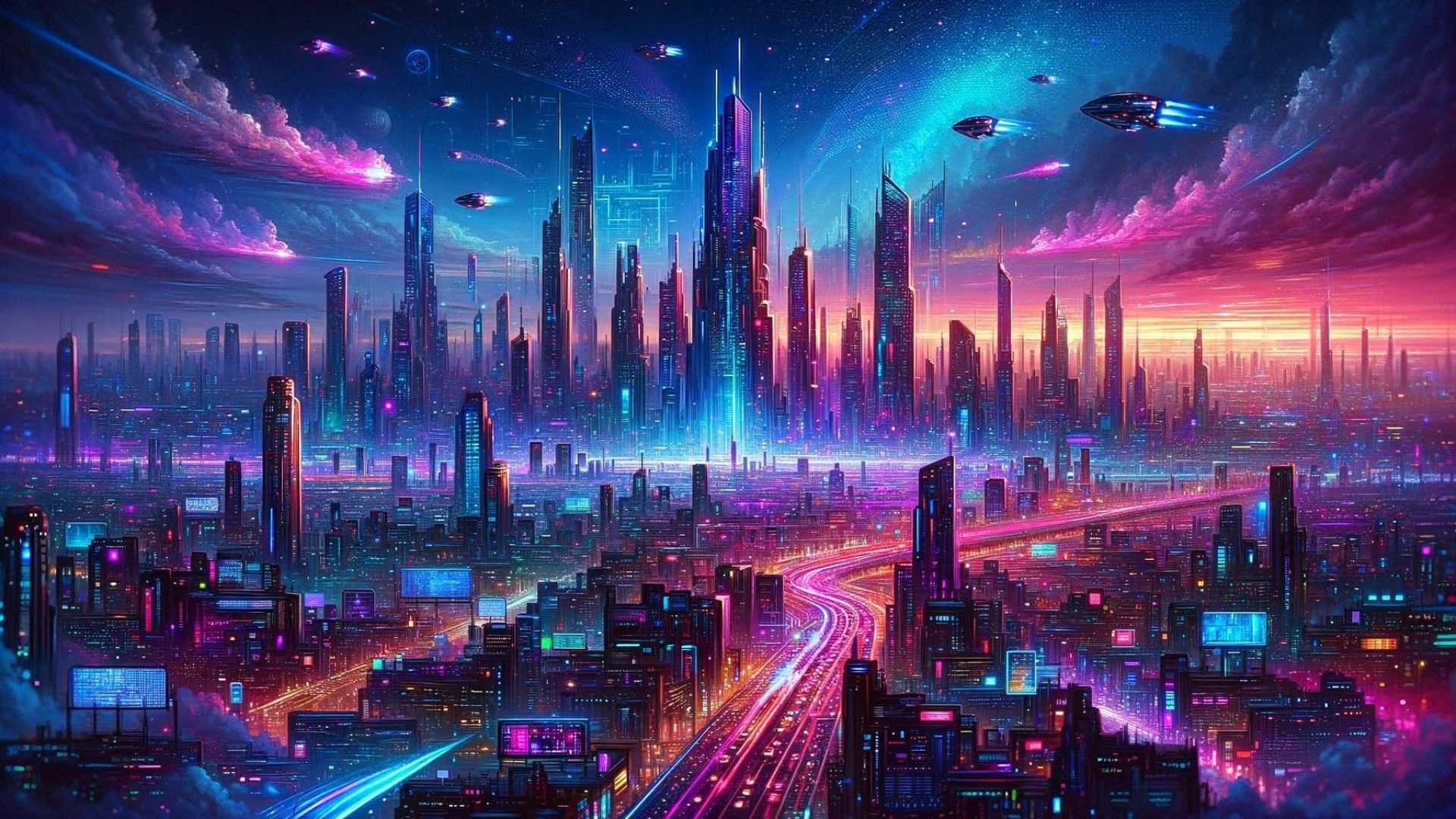 1920x1080 Digitally Dreamy Painted Wallpaper Featuring A Futuristic Metropolis. The Cityscape Is Filled With High Tech Skyscrapers, Neon Lit Buildings HD Fantasy Wallpaper