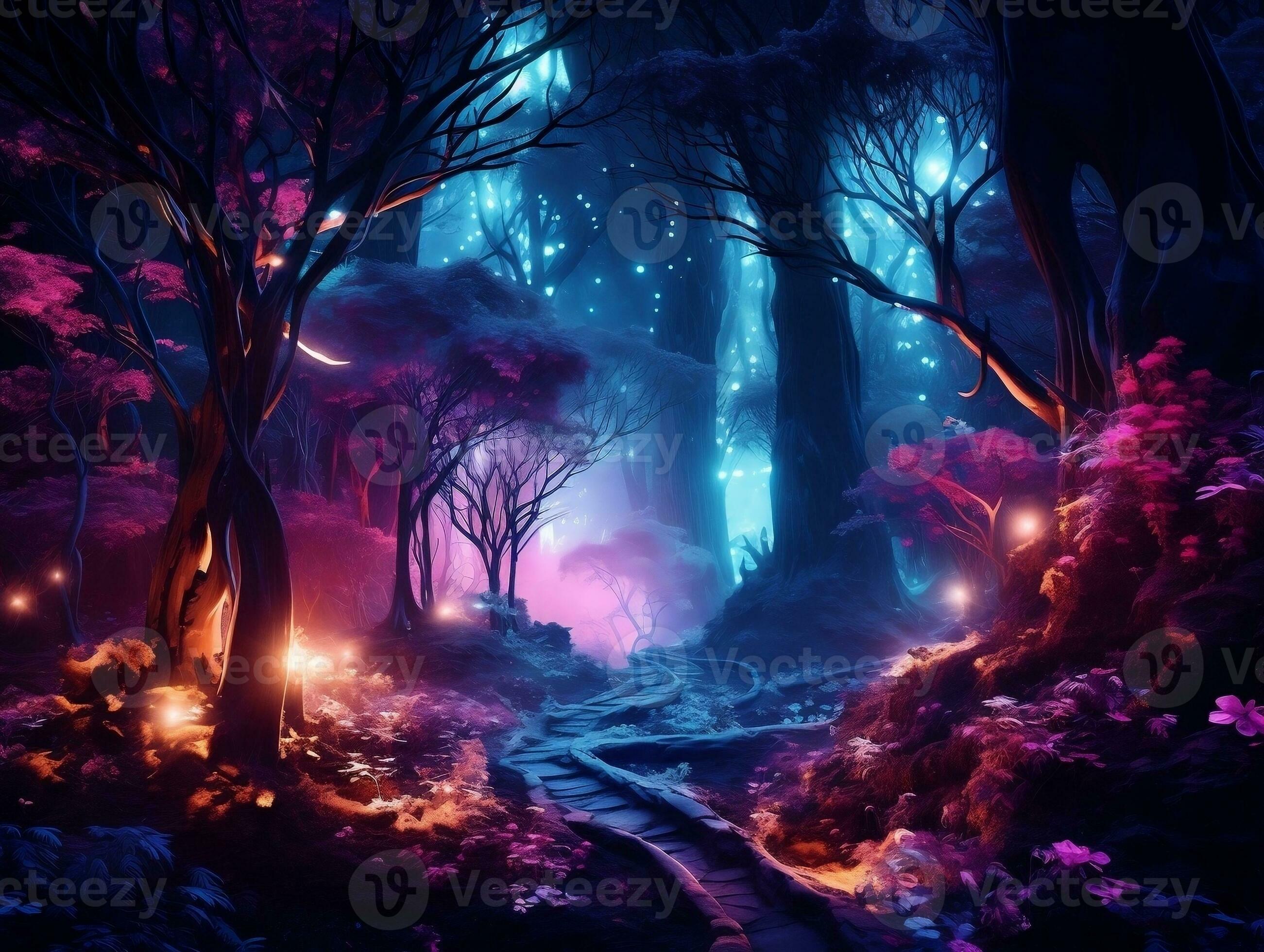 2602x1960 The fantasy of a neon forest glowing colorful like a fairytale generative ai