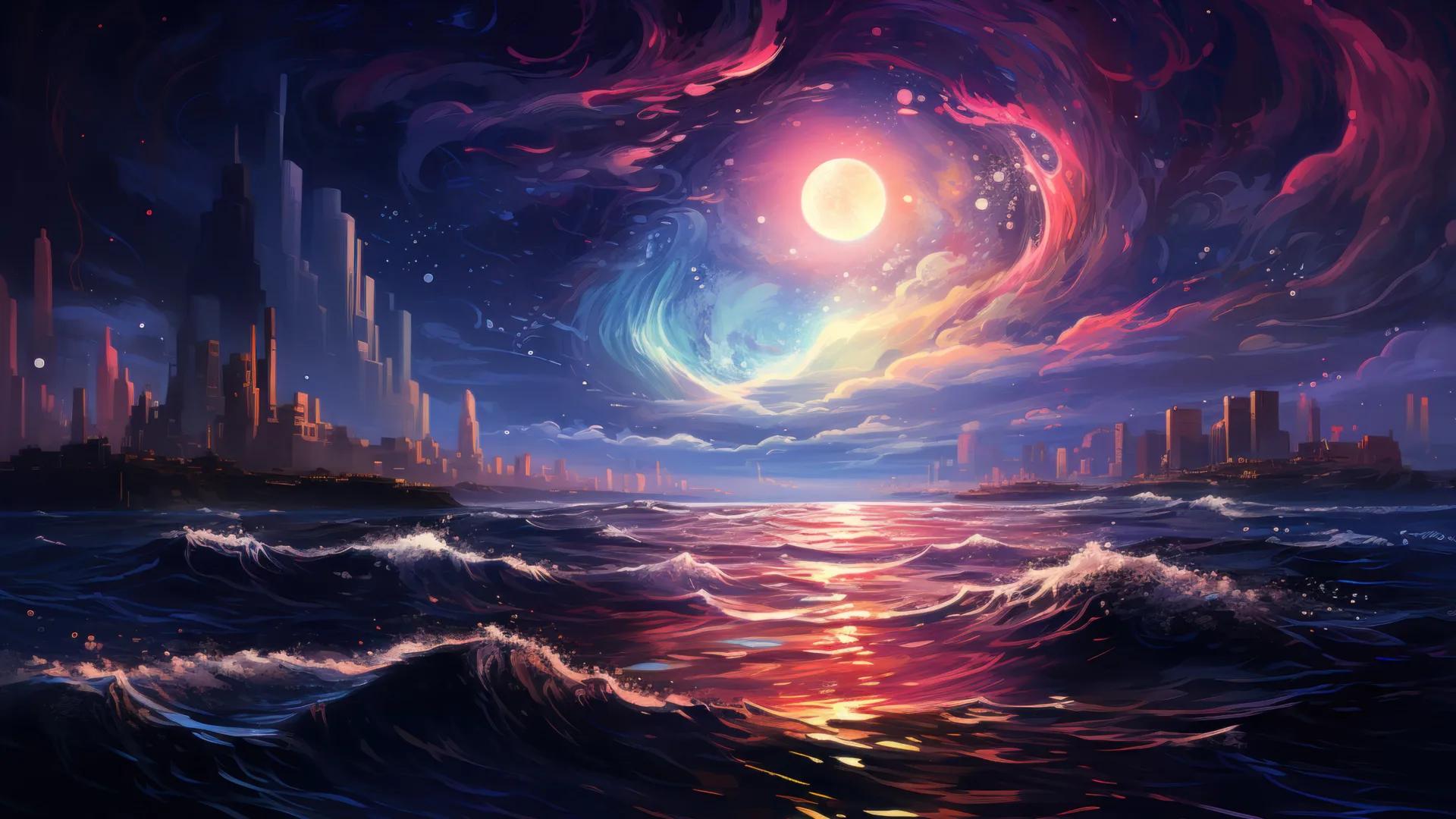 1920x1080 Moonlight Sea Futuristic Neon Waves [1920x1080]