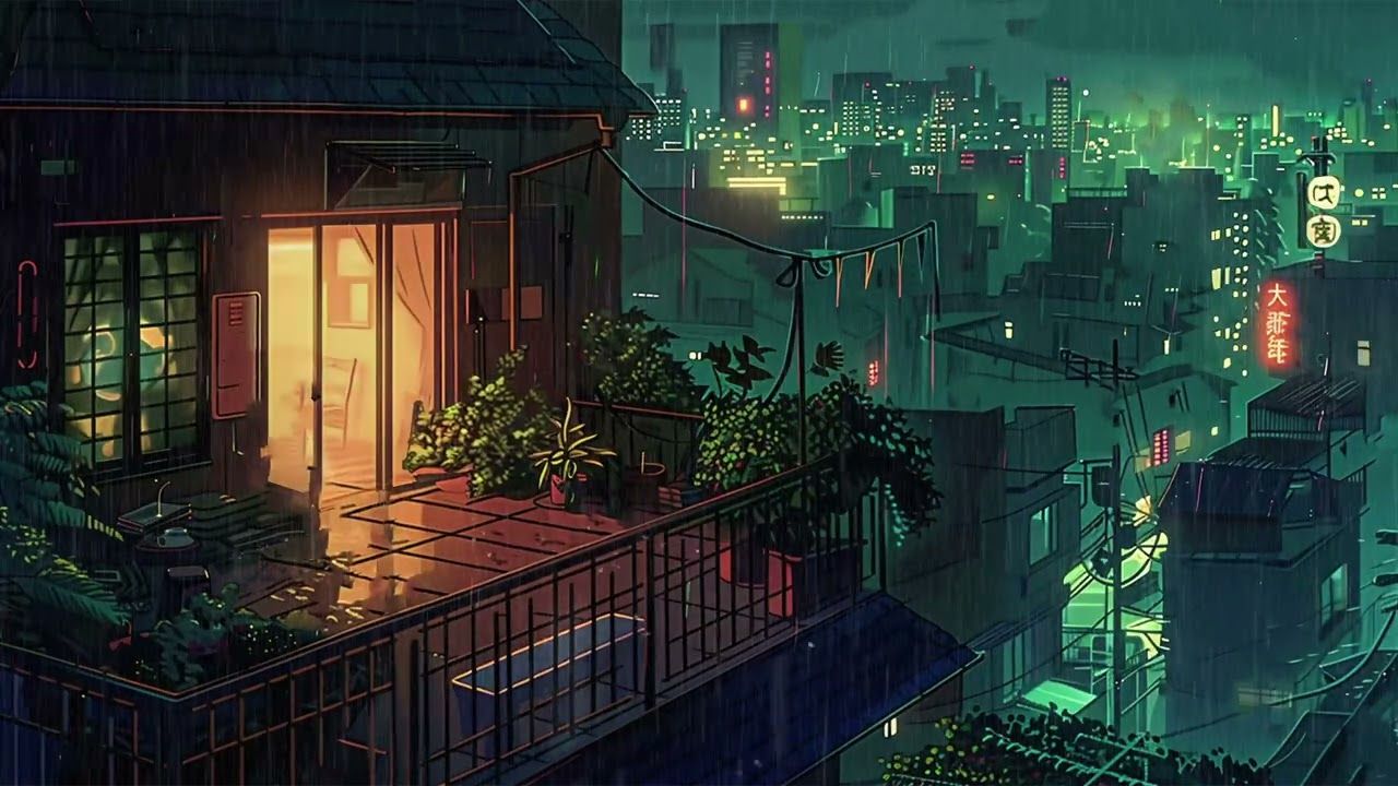 1280x720 Raining in Lofi City chill night [Listen to it to escape from a hard day]Best Playlist Lofi