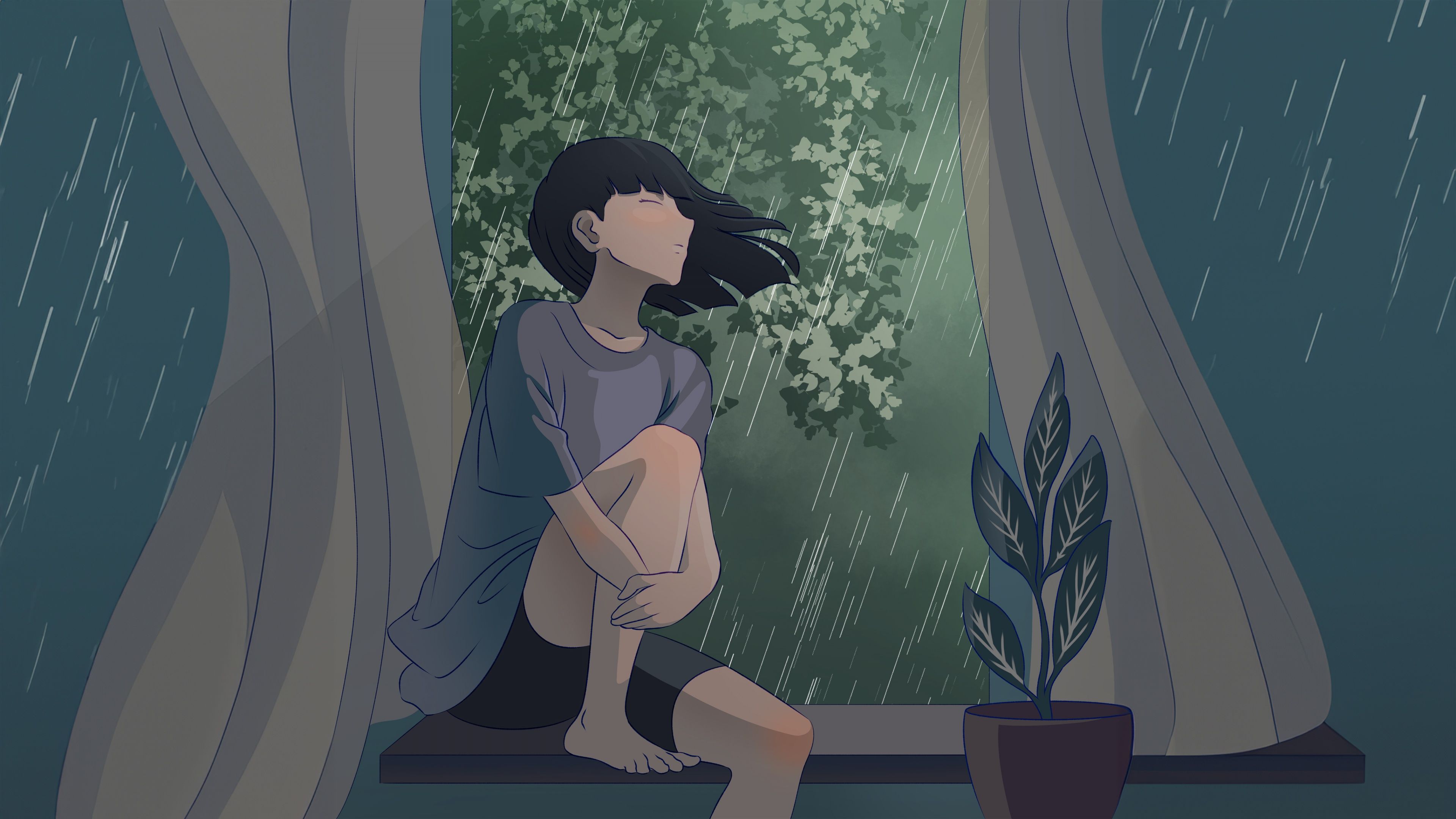 3840x2160 Lofi girl Wallpaper 4K, Raining, 5K