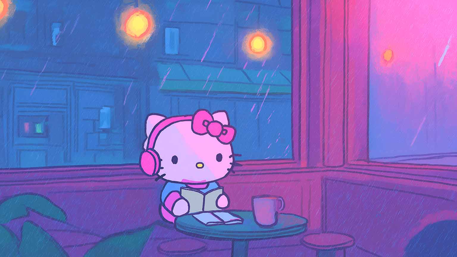 1536x864 Sanrio Hello Kitty Lofi Cafe Rainy Evening Desktop Wallpaper