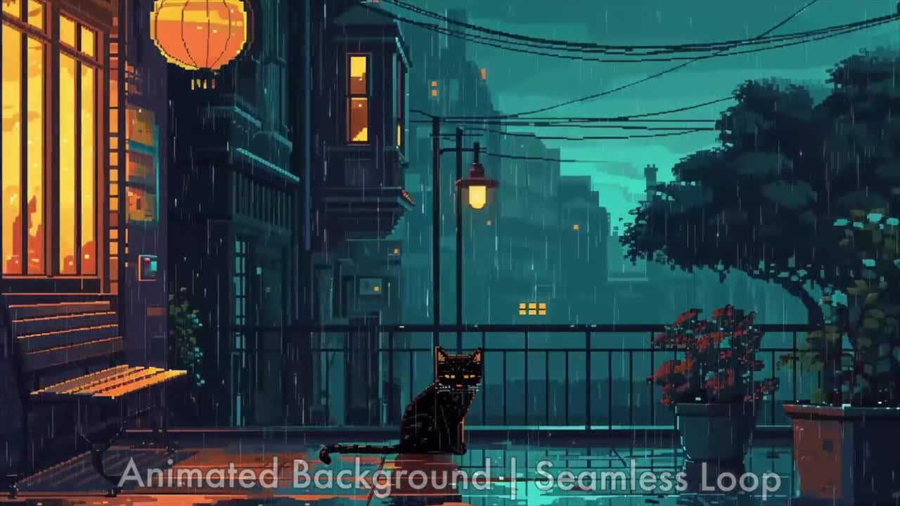 1280x720 ANIMATED BACKGROUND. Retro Cozy Lofi Pixel Art Rainy Cat Cityscape. Vtuber Twitch OBS Zoom Stream Looping Overlay Stage
