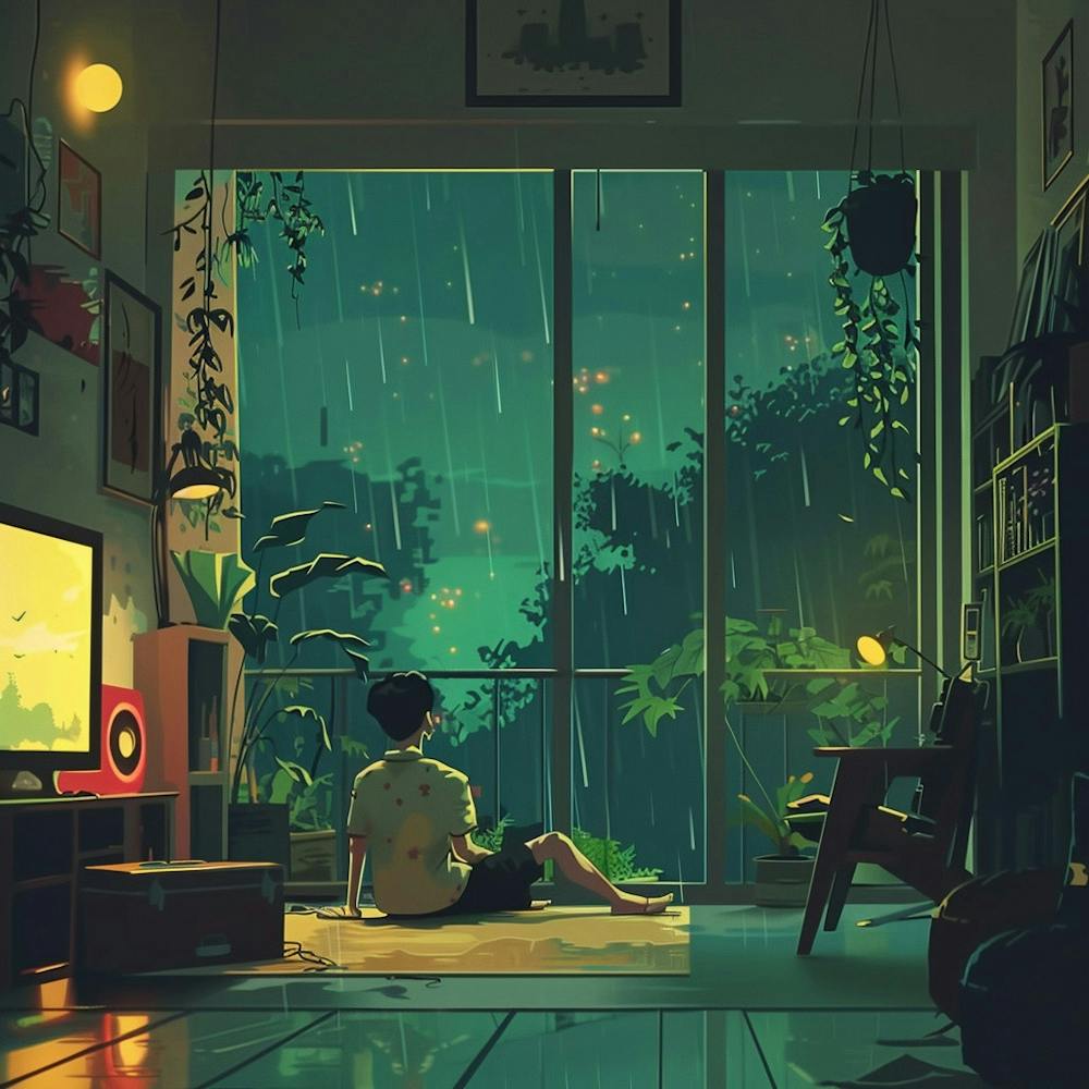 1000x1000 Rainy Day Lofi Illustration Rain at the Window Art Print