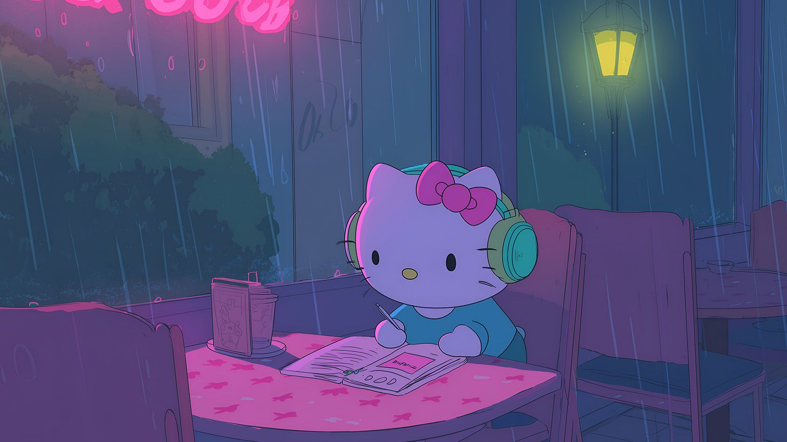 1536x864 Lofi Aesthetic Hello Kitty Studying in Rain Desktop Wallpaper