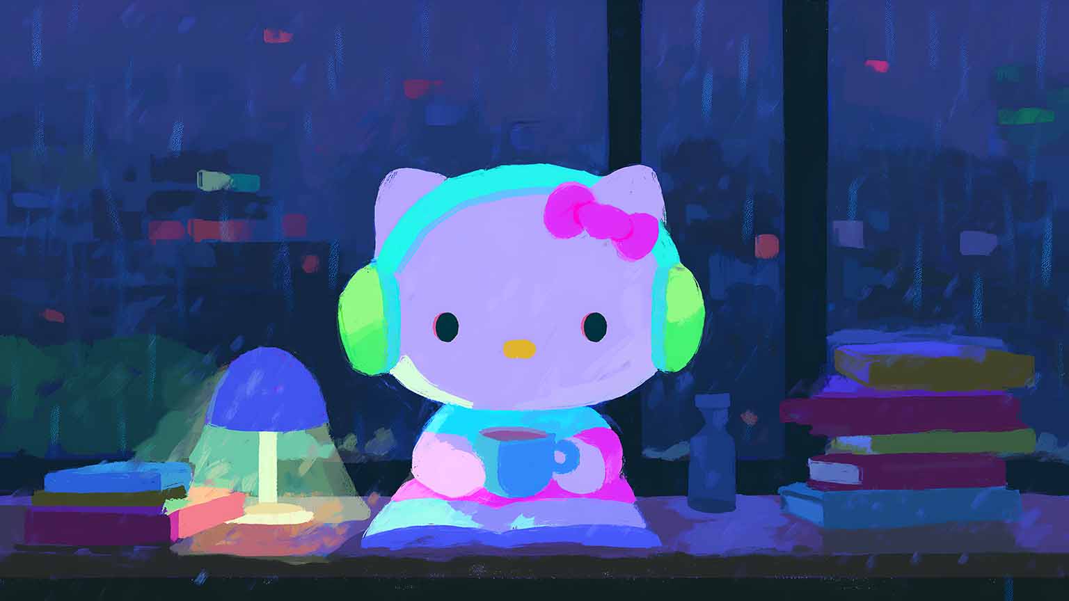 1536x864 Free Sanrio Hello Kitty Lofi Study Rainy Night Desktop Wallpaper