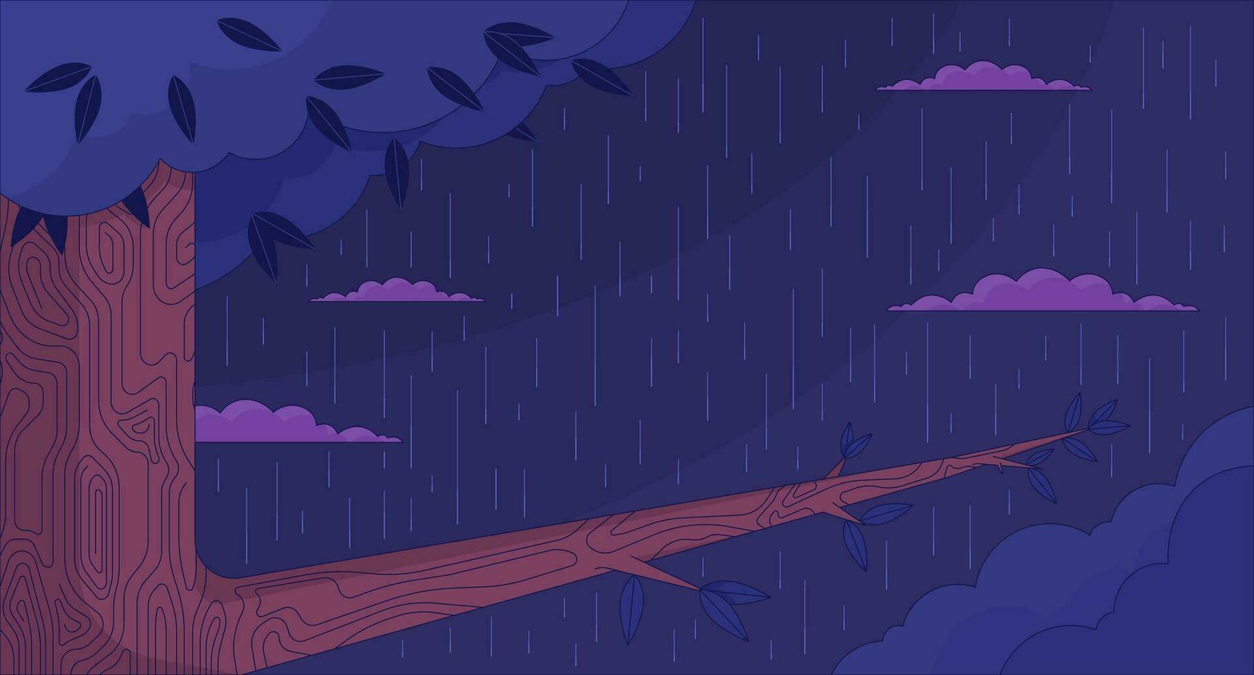 1820x980 Oak tree branch on rain forest night 2D cartoon background. Autumn nighttime rainy weather colorful aesthetic vector illustration, nobody. Woodland rainfall flat line wallpaper art, lofi image