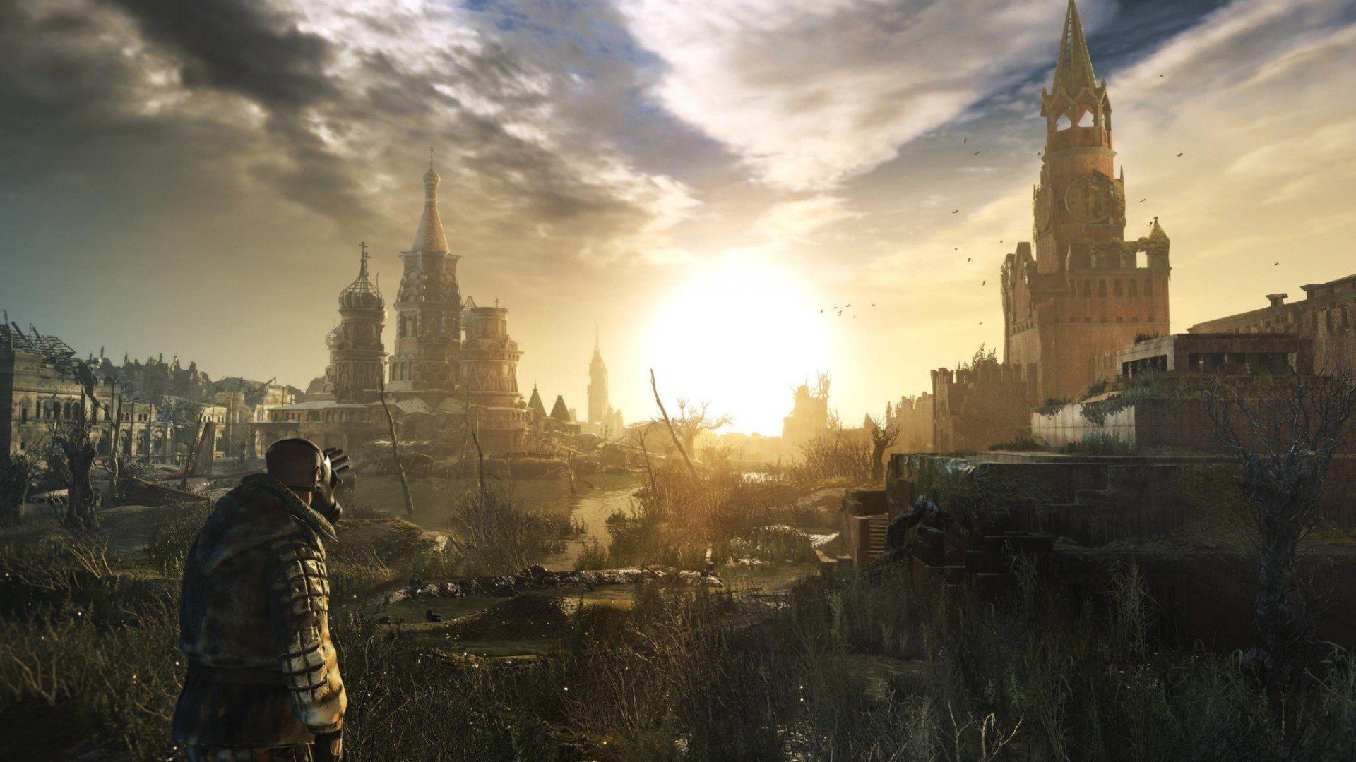 1920x1080 Wallpaper the sun, sunset, dawn, Apocalypse, gas mask, The Kremlin, ruins, Stalker for mobile and desktop, section игры, resolution 1920x1080