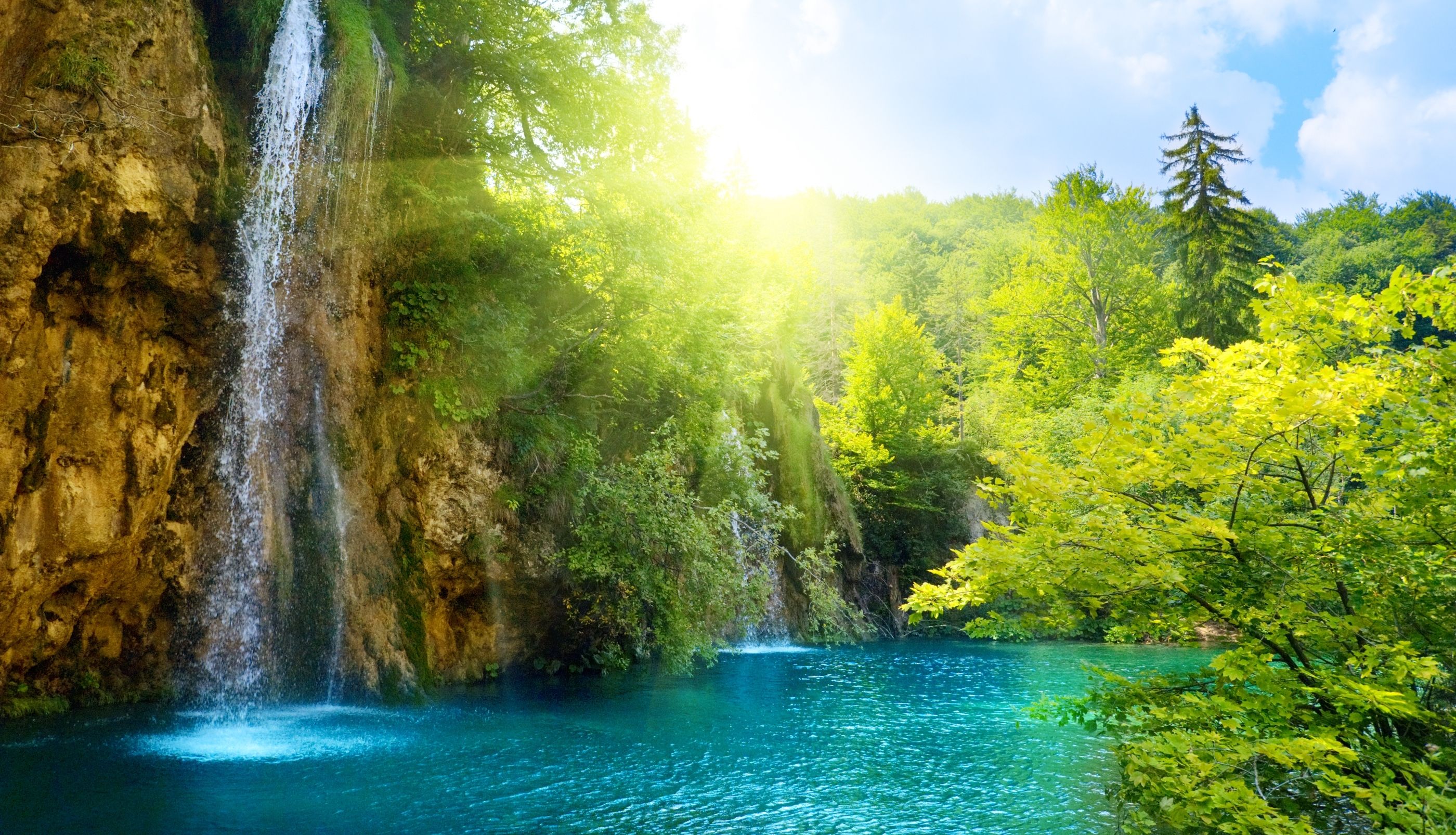 2800x1606 waterfall, Sea, Lake, Deep, Forest, Trees, Sky, Clouds, Landscape, Nature Wallpaper HD / Desktop and Mobile Background