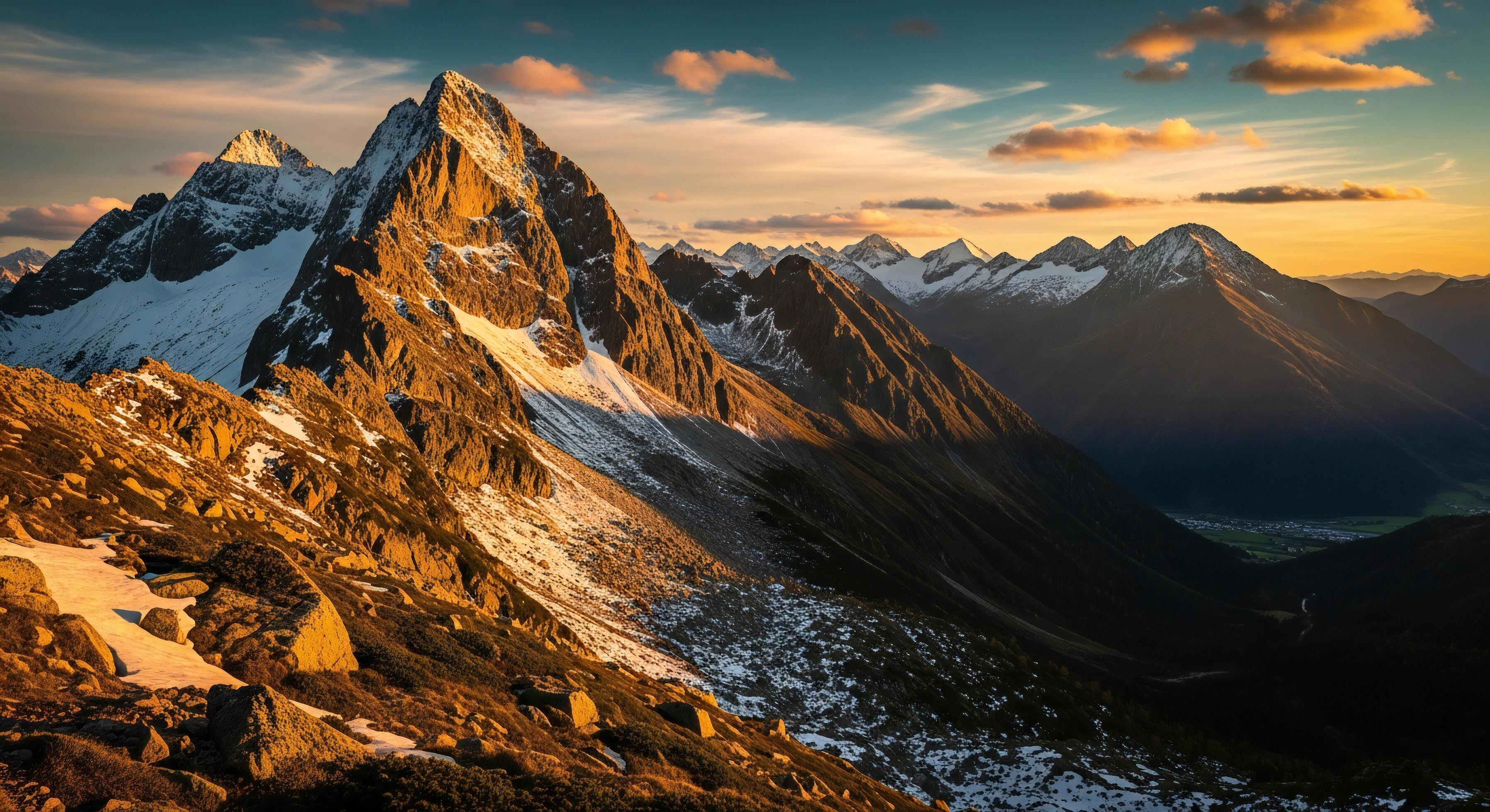 3593x1960 Nature background, Nature wallpaper, Jagged snow capped mountains illuminated by golden sunset light casting deep shadows over valleys below