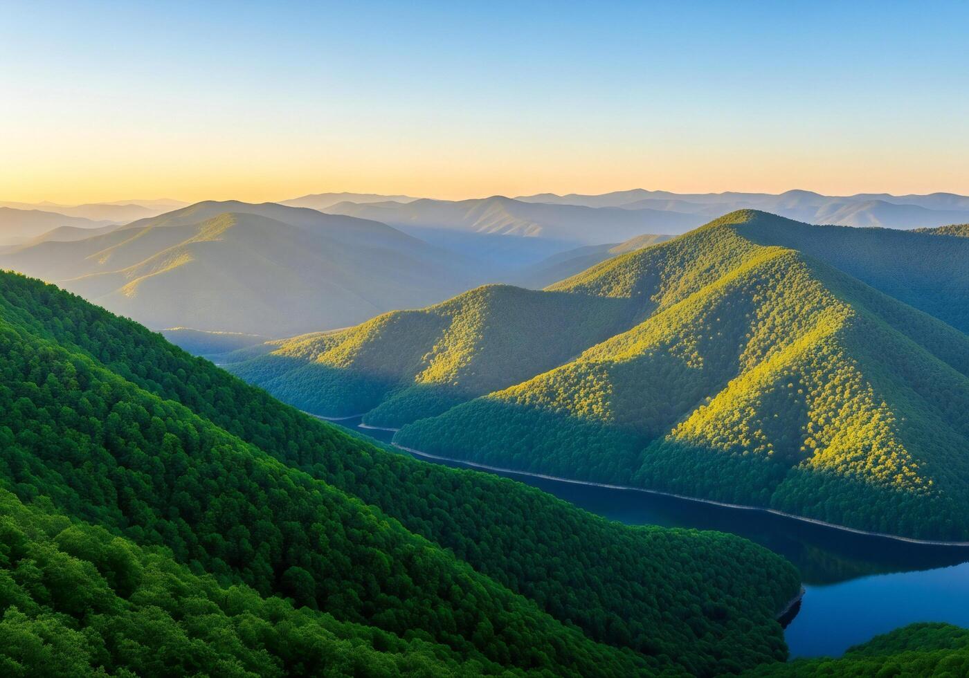 1400x980 Nature background, Nature wallpaper, Verdant mountain ranges with a deep blue river winding through lush green valleys at sunrise
