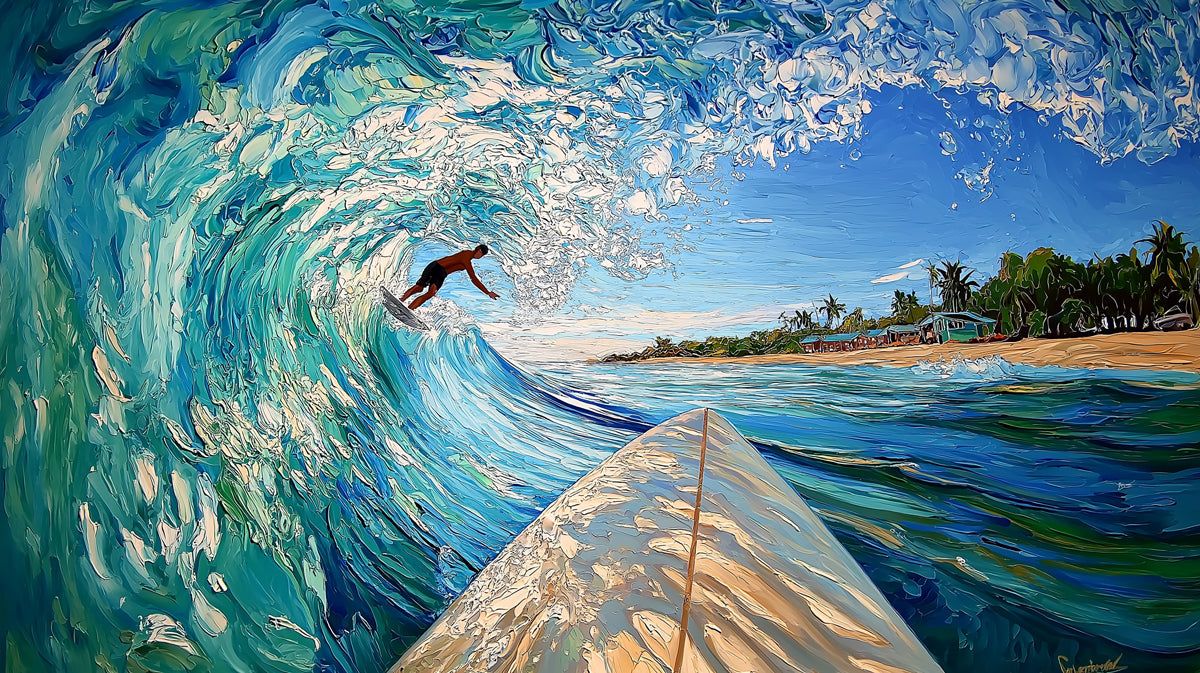 1200x673 First Person Perspective Surf Mural Wallpaper. Impasto Turquoise Wave, Beach Foreground, Tropical Vibe