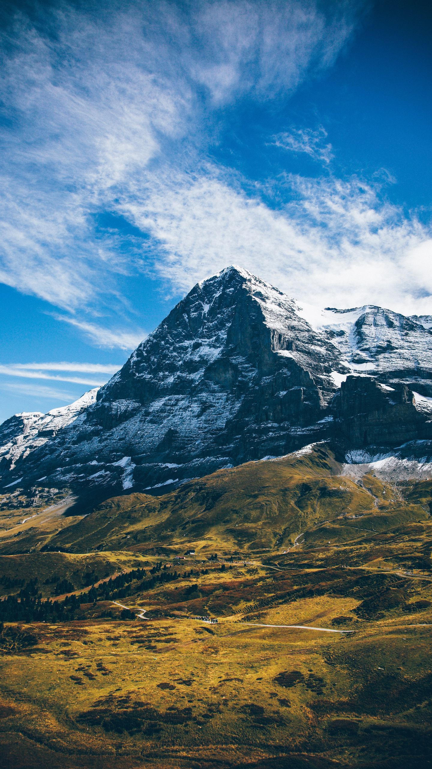 1440x2560 Download wallpaper 1440x2560 mountain, top, grass, sky, snow, grindelwald qhd samsung galaxy s s edge, note, lg g4 HD background