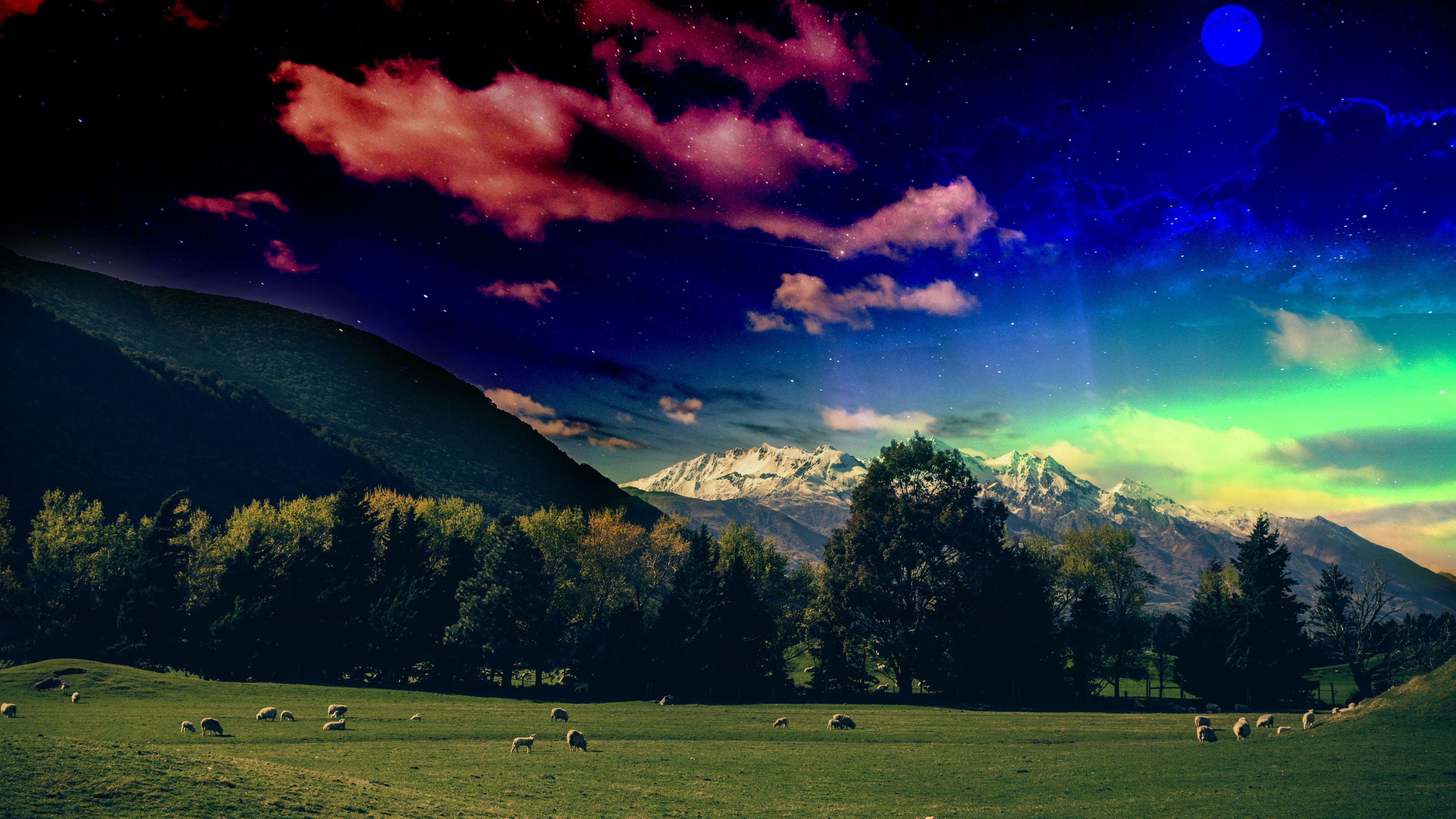 3840x2160 Green Meadow Wallpaper 4K, Grass field, Glacier mountains
