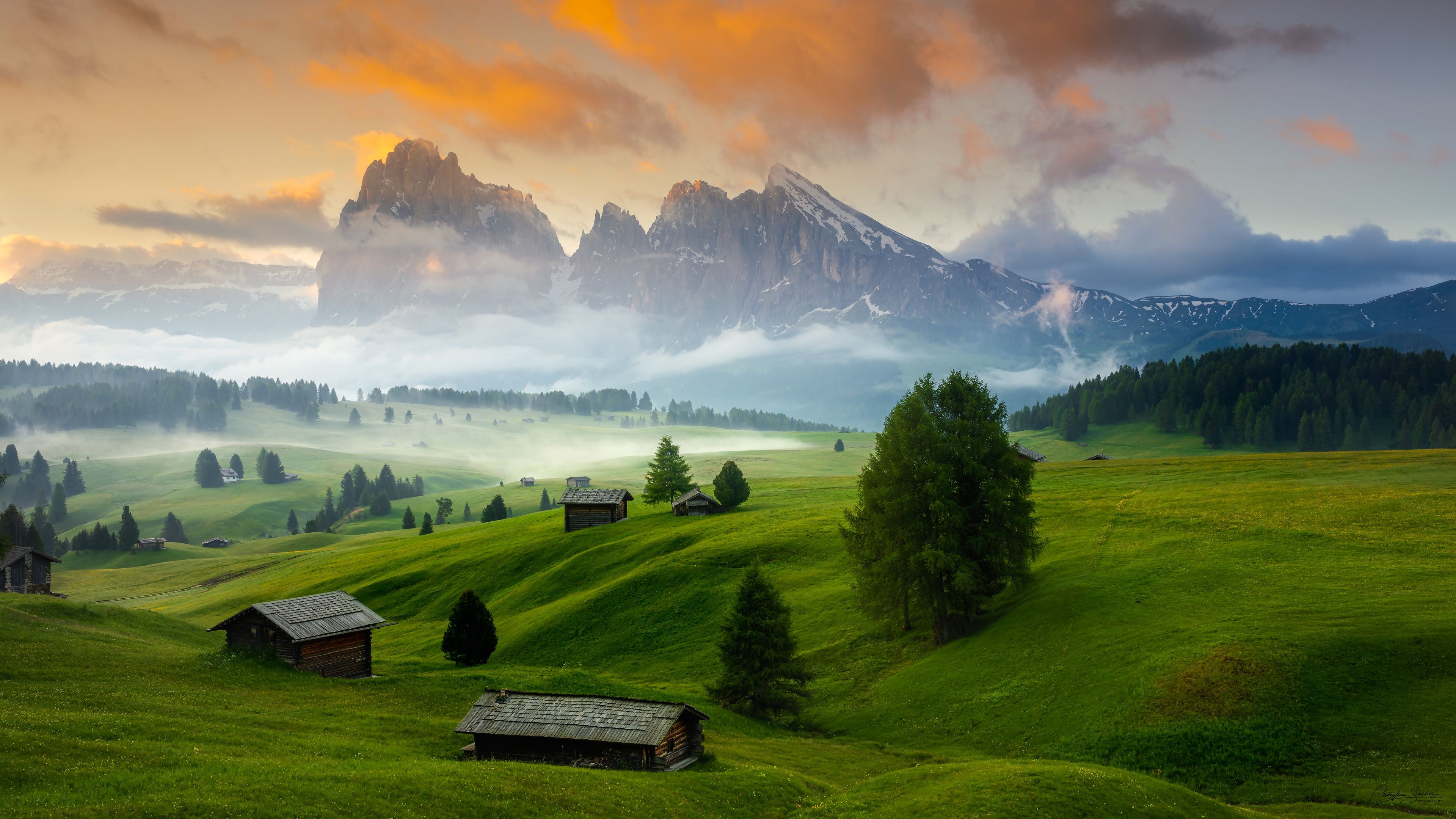 3840x2160 Wallpaper house, grass, sky, trees, field, landscape, nature, mountains for mobile and desktop, section пейзажи, resolution 3840x2160