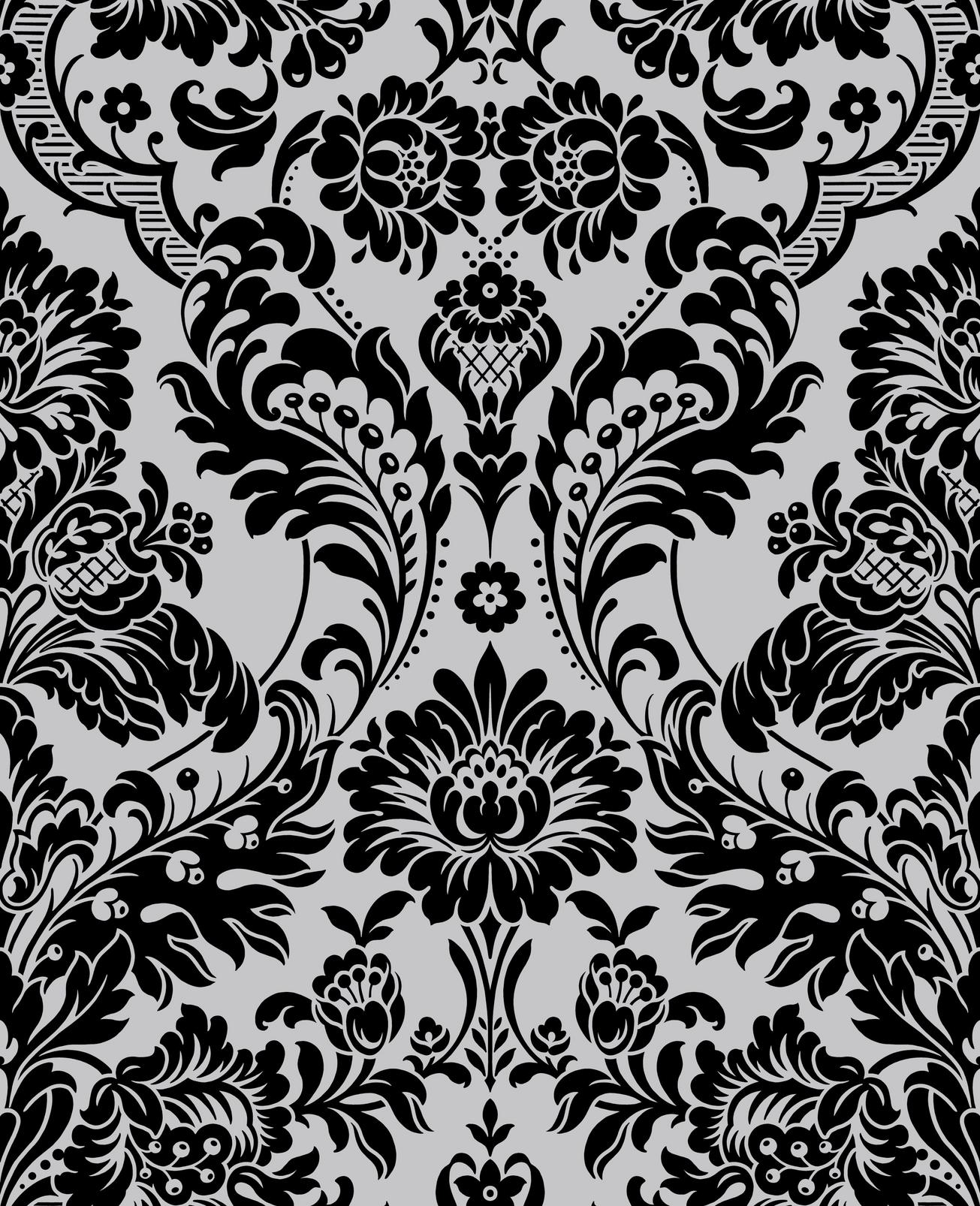 1305x1606 Gothic Damask Flock Black & Silver Wallpaper. Black. Graham & Brown