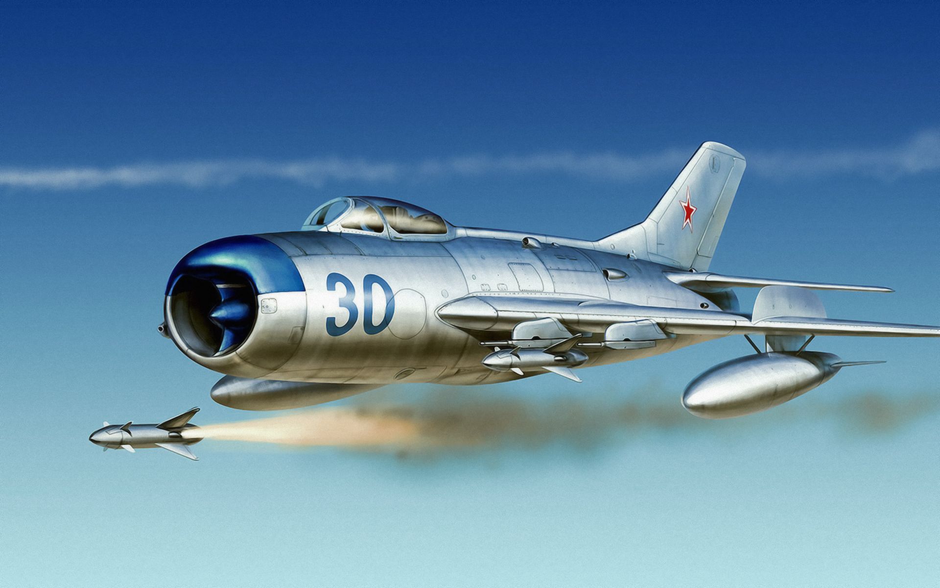 1920x1200 Wallpaper war, art, painting, aviation, russian fighter, russian jet, air combat, Mig 17 for mobile and desktop, section авиация, resolution 1920x1200